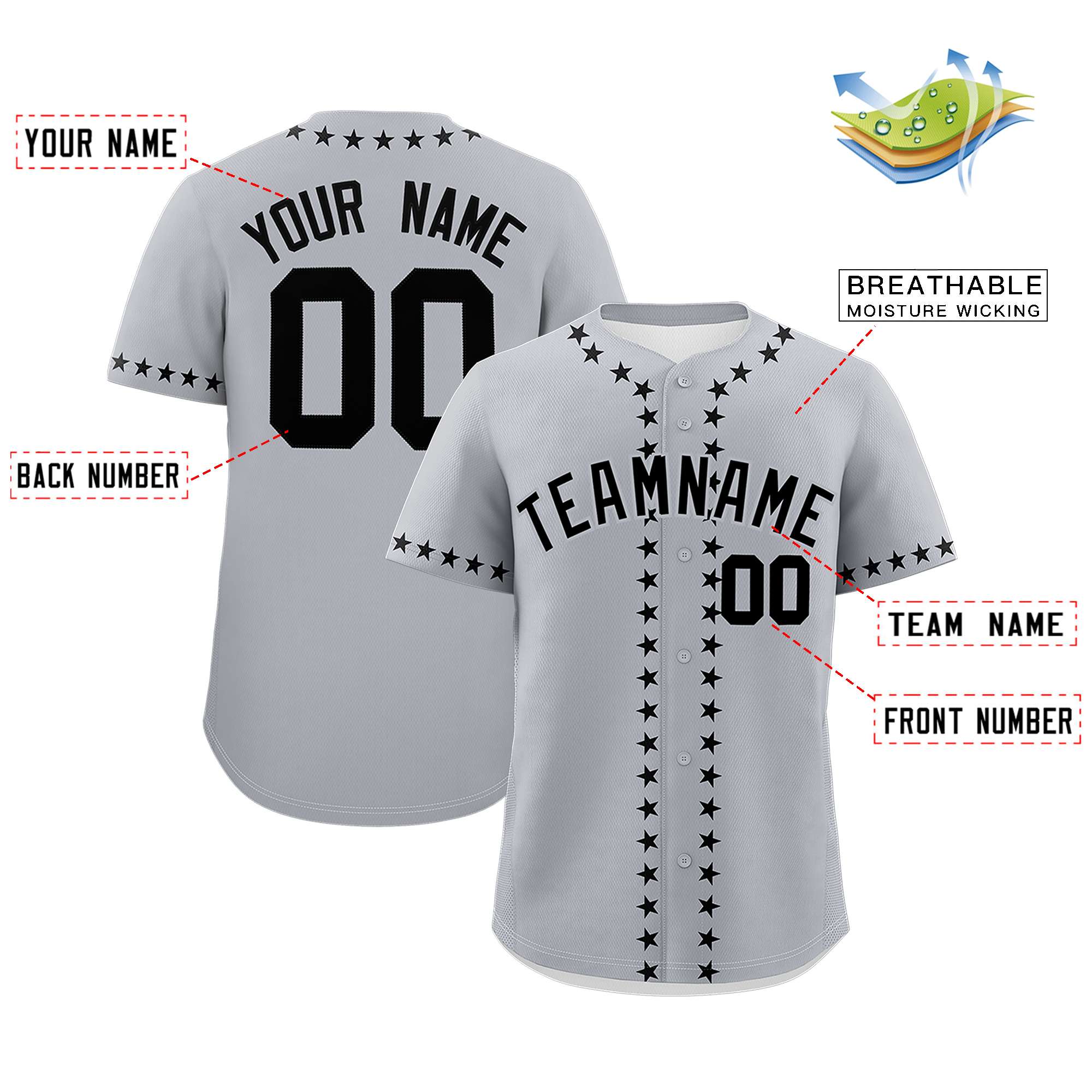 Custom Gray Black Star Ribbing Authentic Baseball Jersey