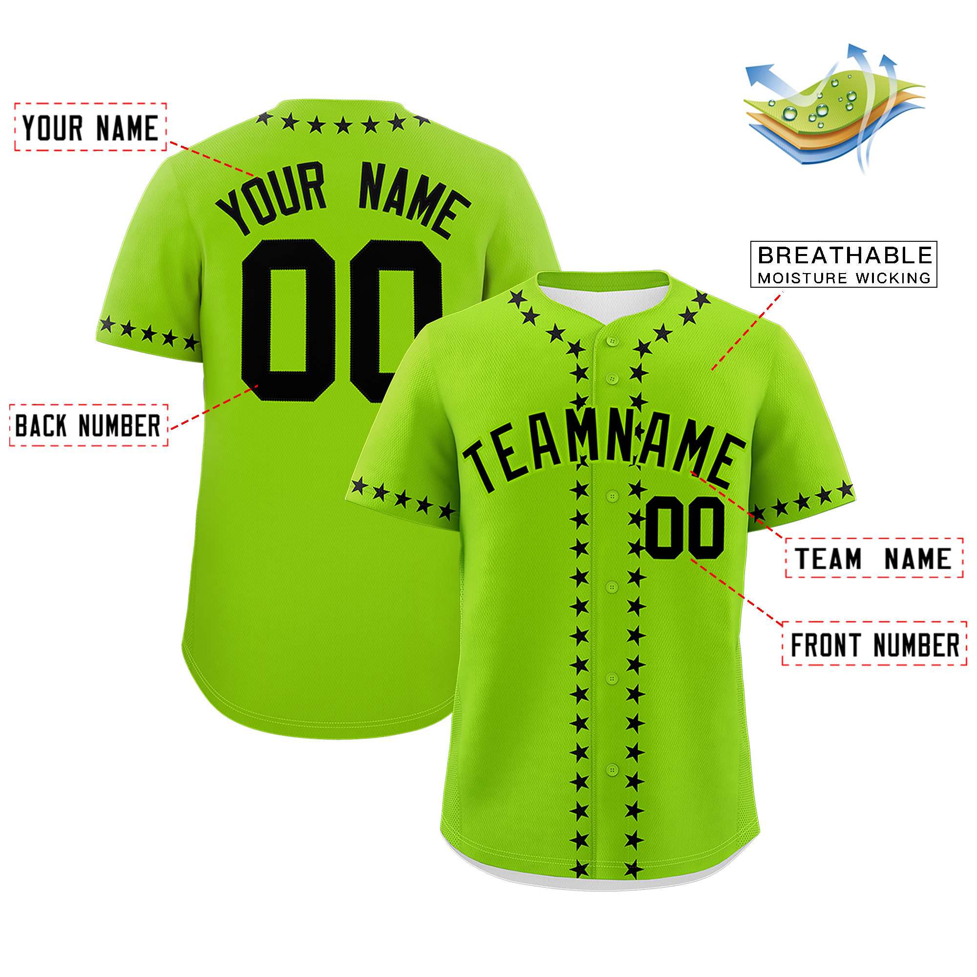 Custom Neon Green Black Star Ribbing Authentic Baseball Jersey