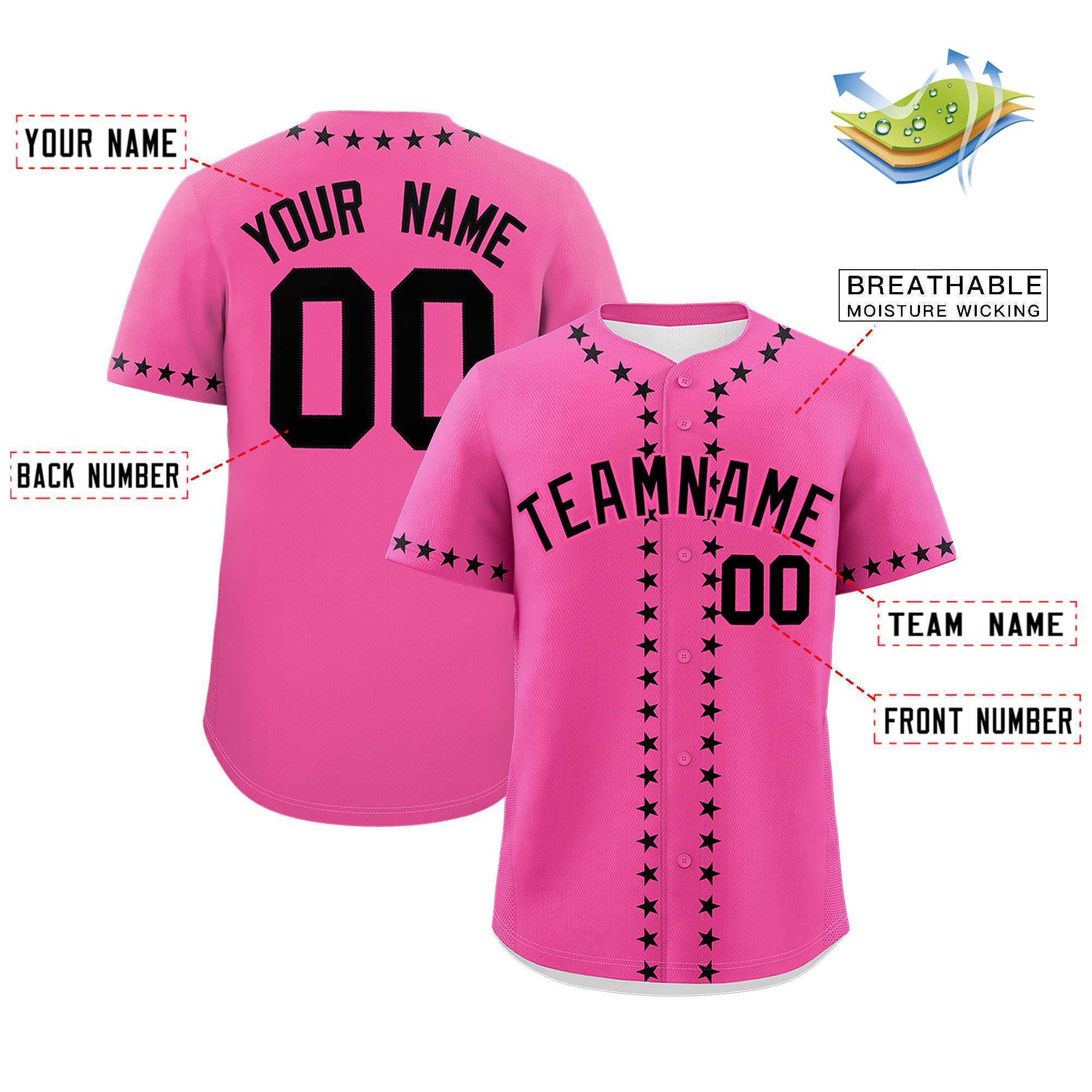 Custom Pink Black Star Ribbing Authentic Baseball Jersey