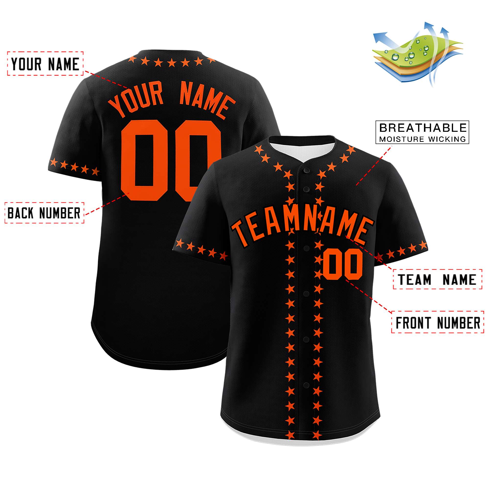 Custom Black Orange Star Ribbing Authentic Baseball Jersey