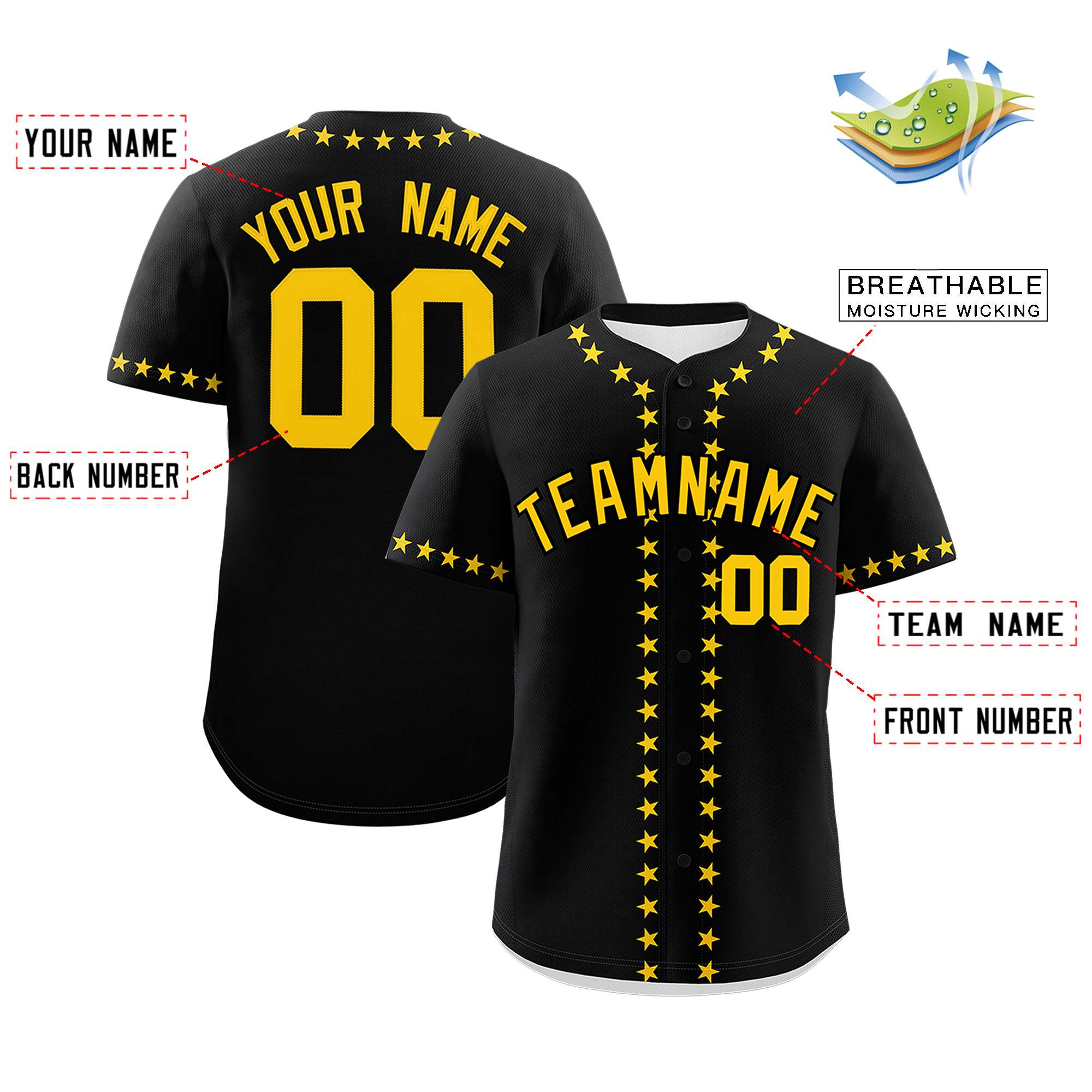 Custom Black Gold Star Ribbing Authentic Baseball Jersey