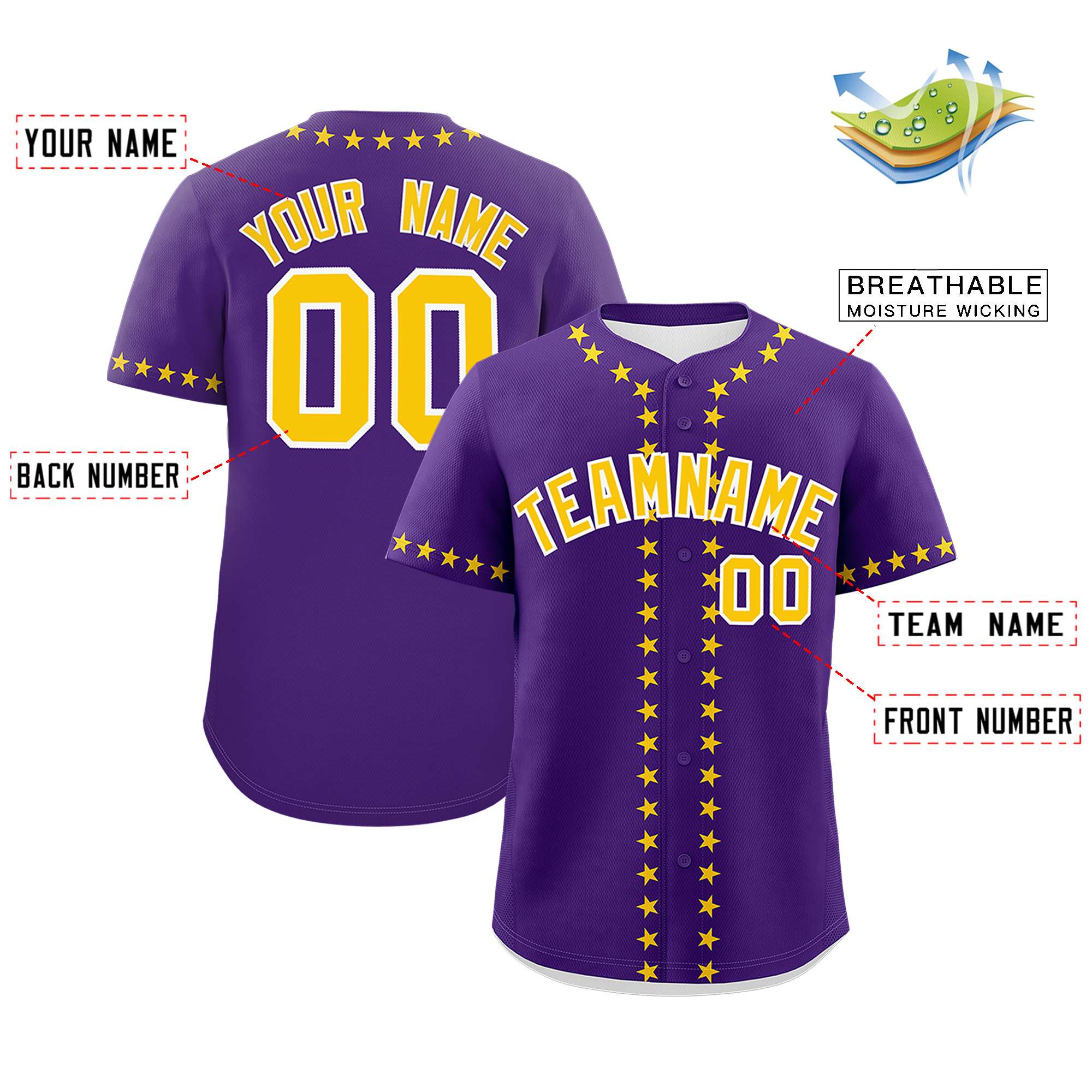 Custom Purple Gold Star Ribbing Authentic Baseball Jersey