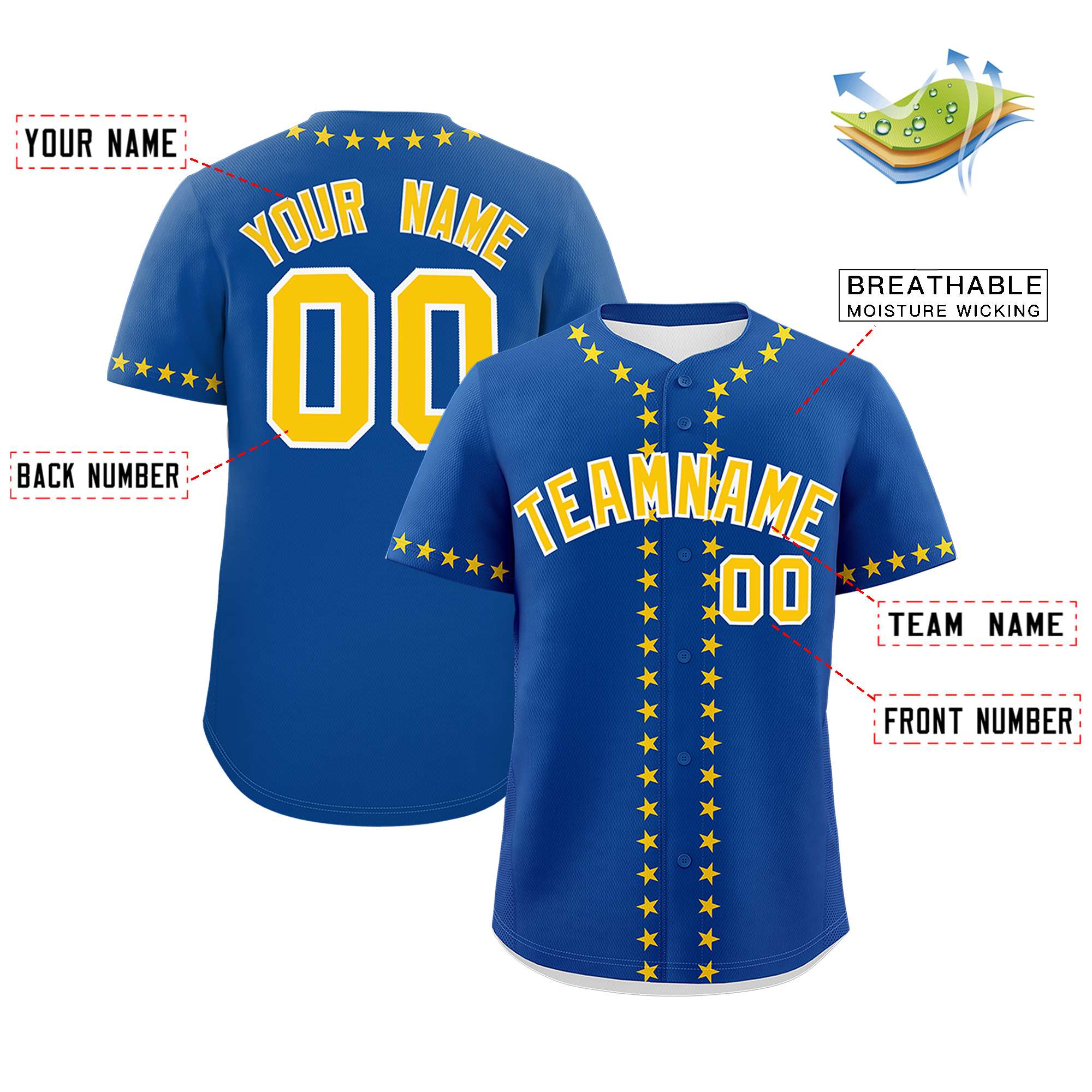 Custom Royal Gold Star Ribbing Authentic Baseball Jersey