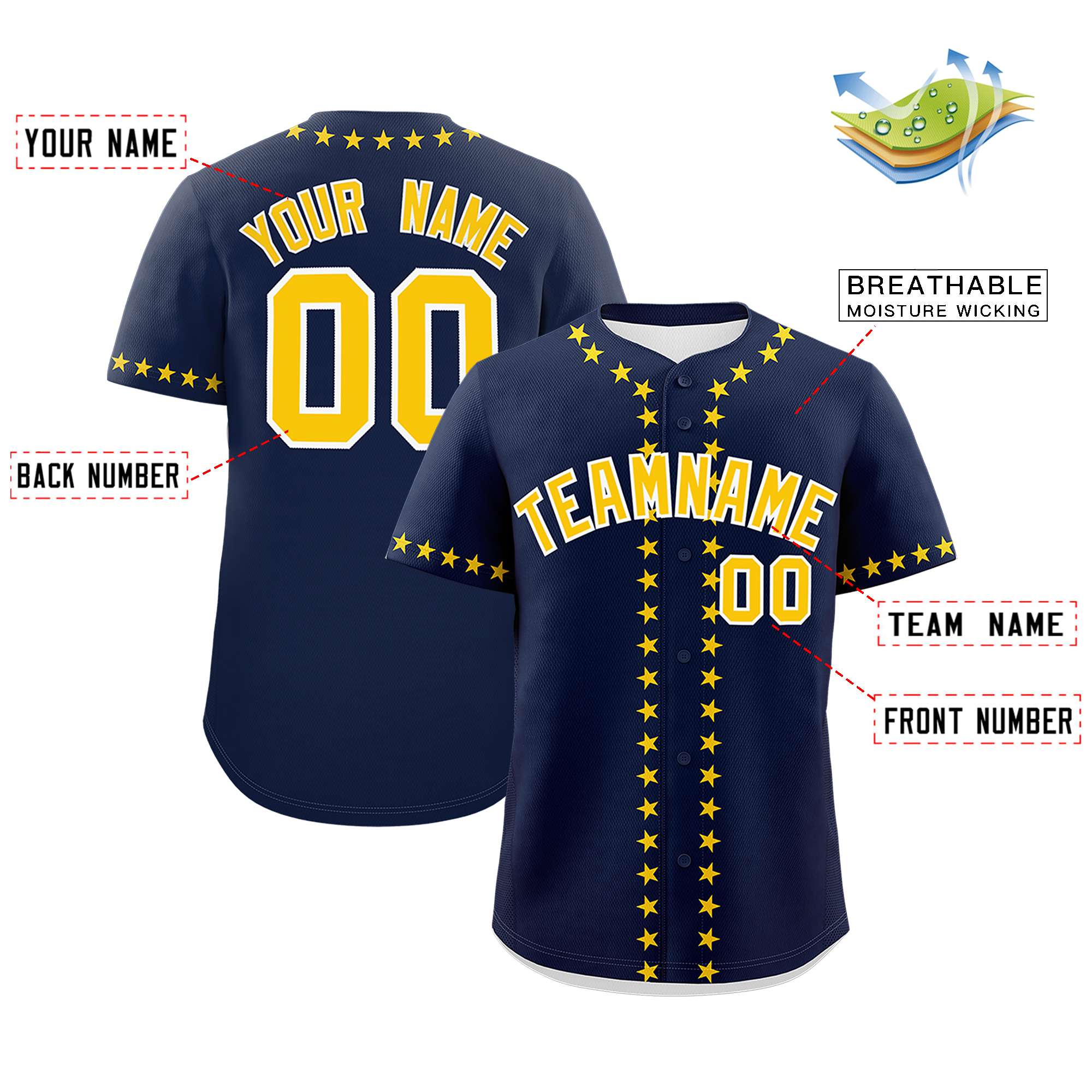 Custom Navy Gold Star Ribbing Authentic Baseball Jersey