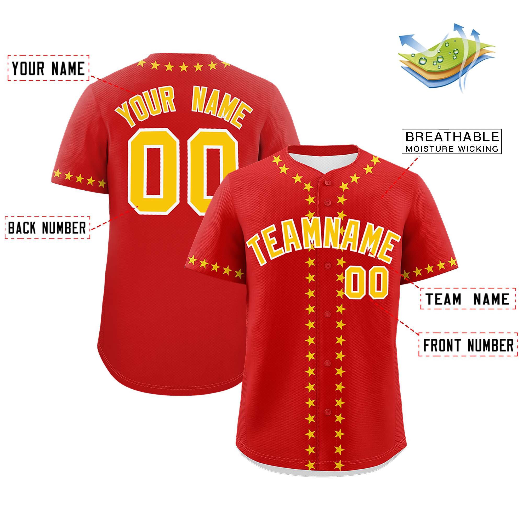 Custom Red Gold Star Ribbing Authentic Baseball Jersey