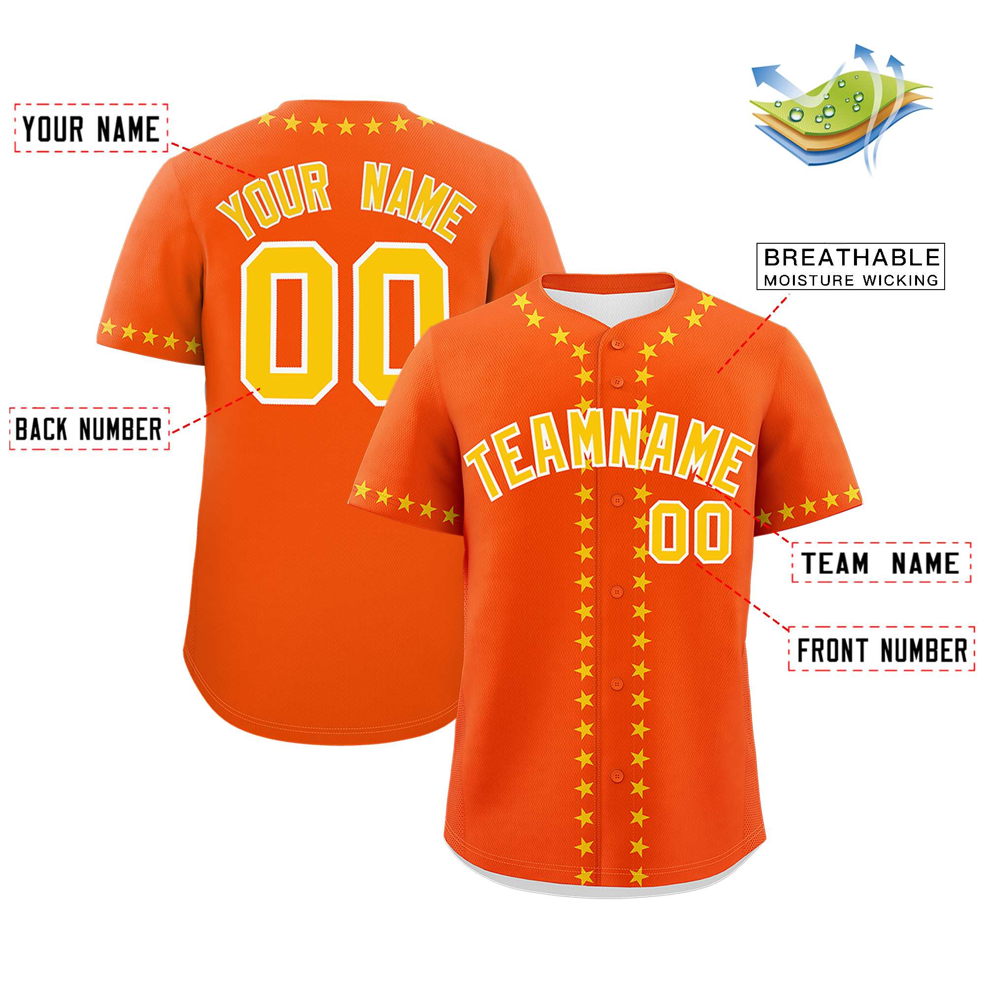 Custom Orange Gold Star Ribbing Authentic Baseball Jersey