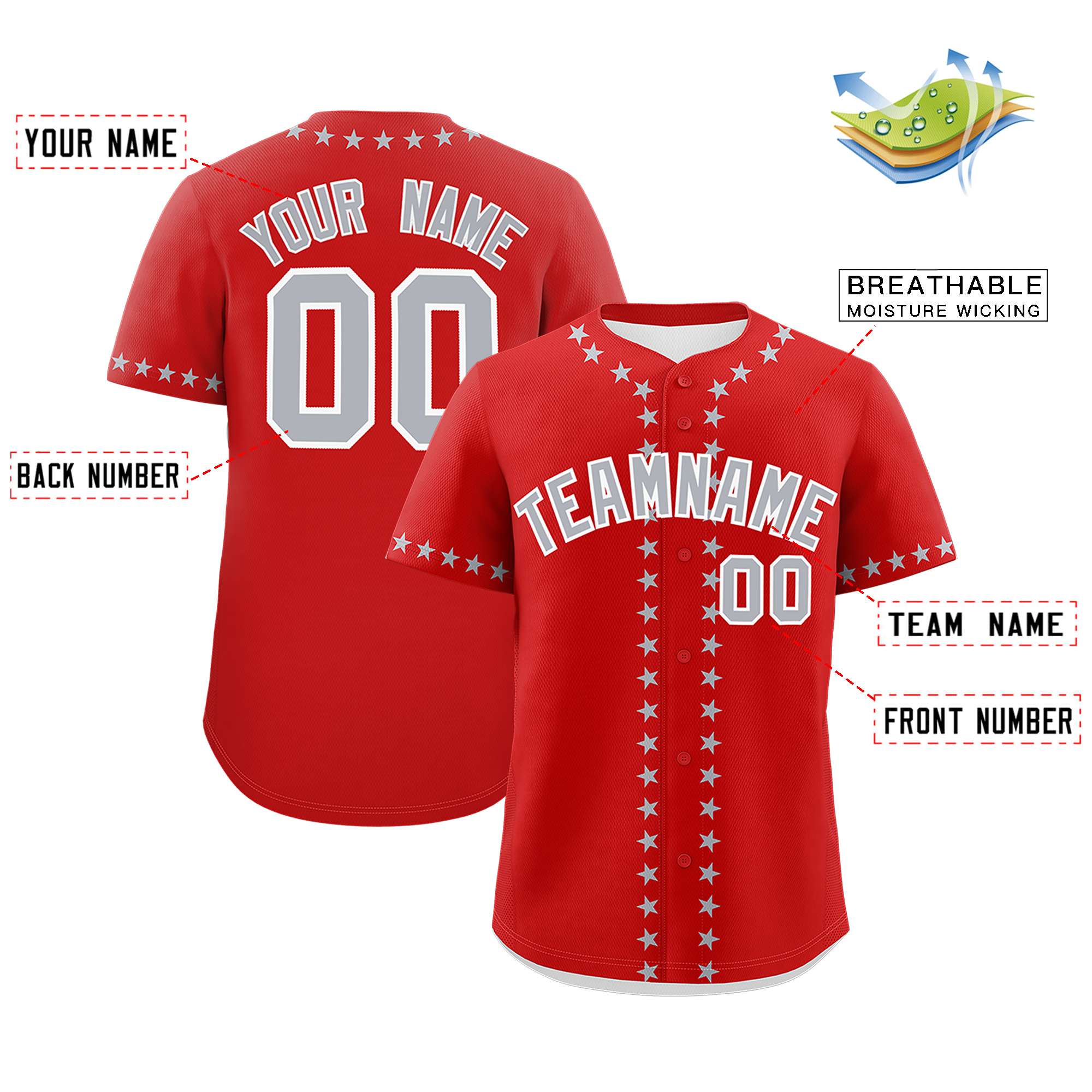 Custom Red Gray Star Ribbing Authentic Baseball Jersey