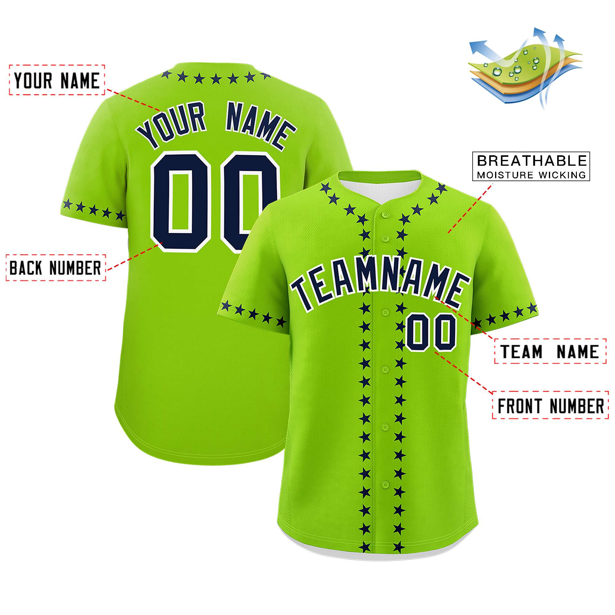 Custom Neon Green Navy Star Ribbing Authentic Baseball Jersey