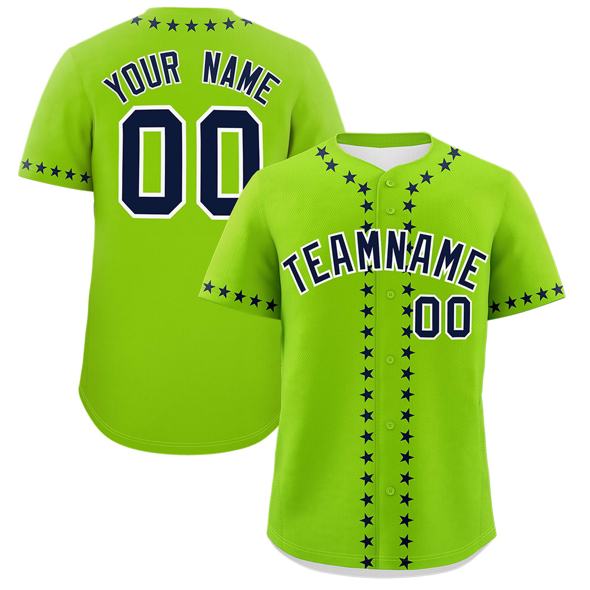 Custom Neon Green Navy Star Ribbing Authentic Baseball Jersey