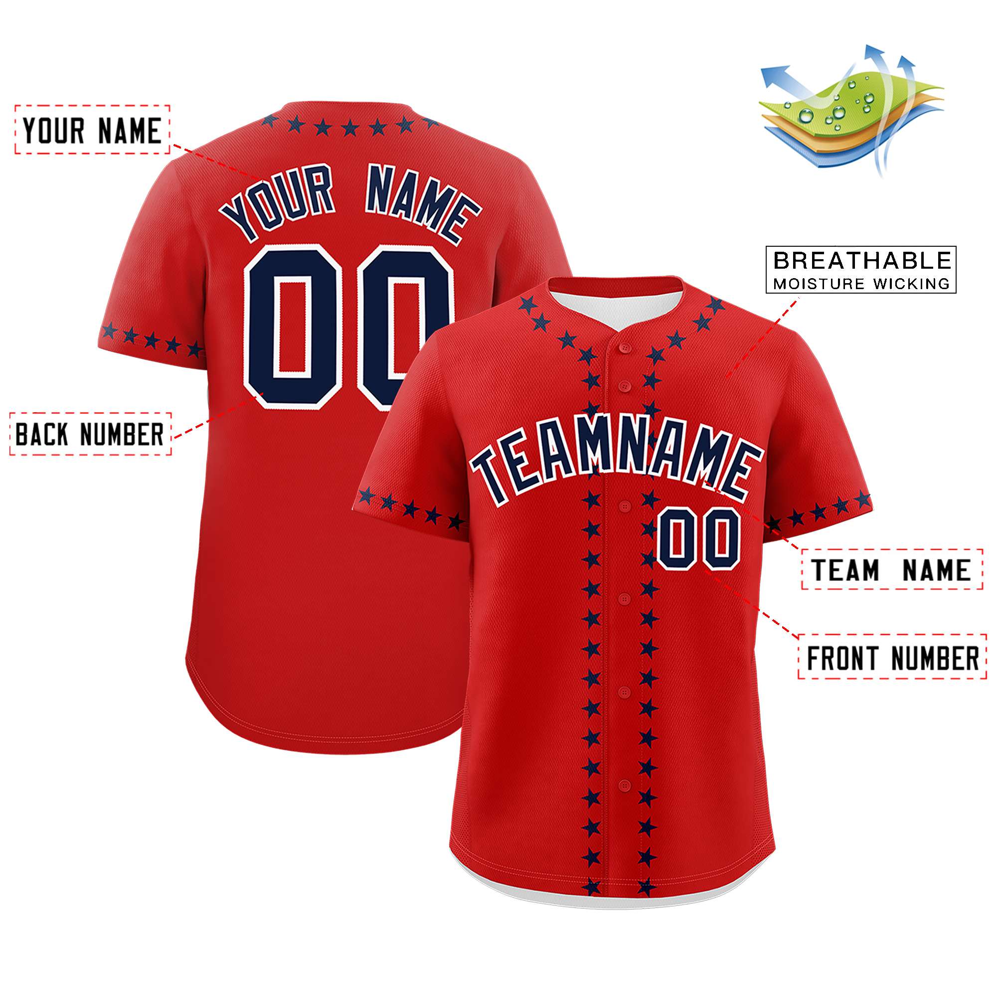 Custom Red Navy Star Ribbing Authentic Baseball Jersey