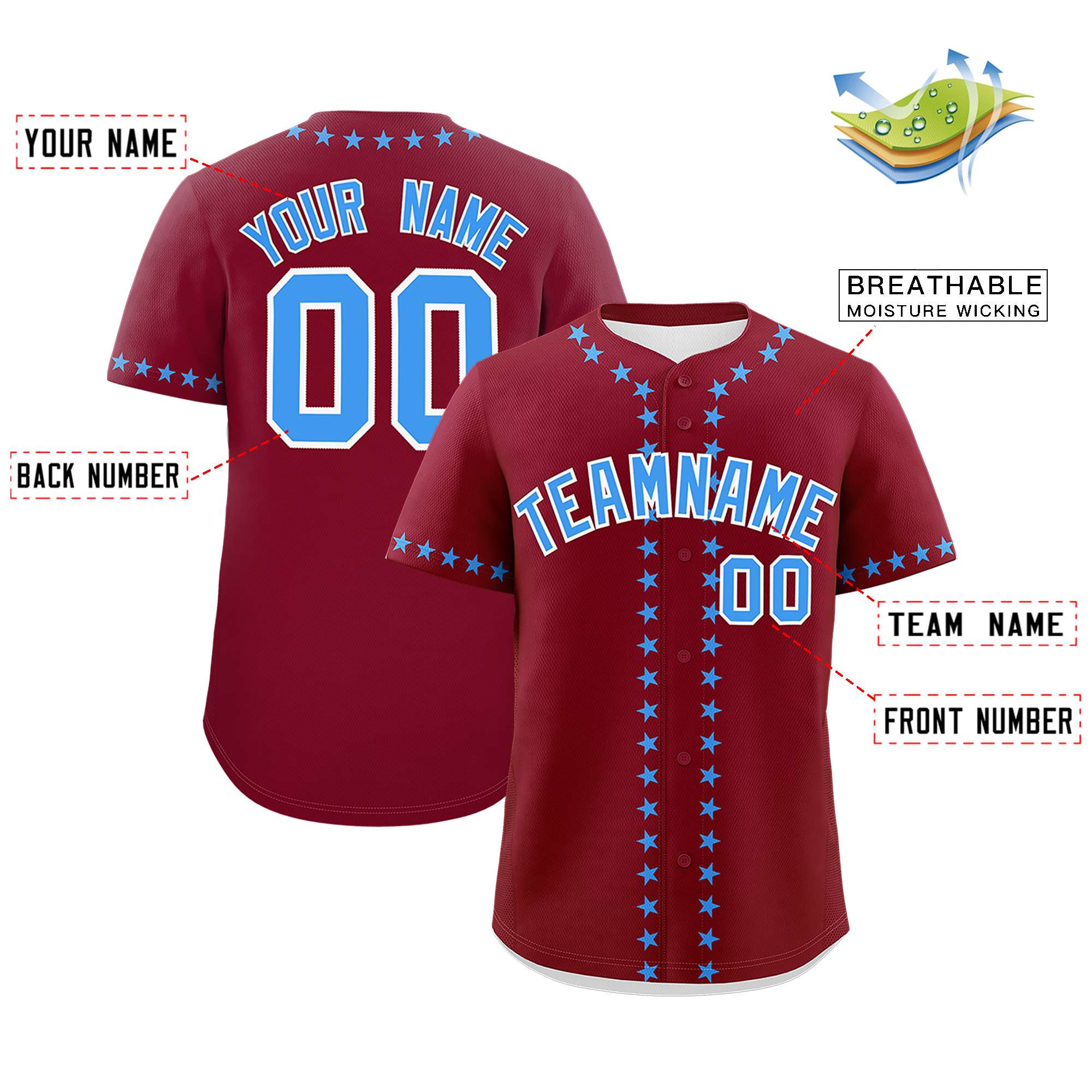 Custom Crimson Powder Blue Star Ribbing Authentic Baseball Jersey