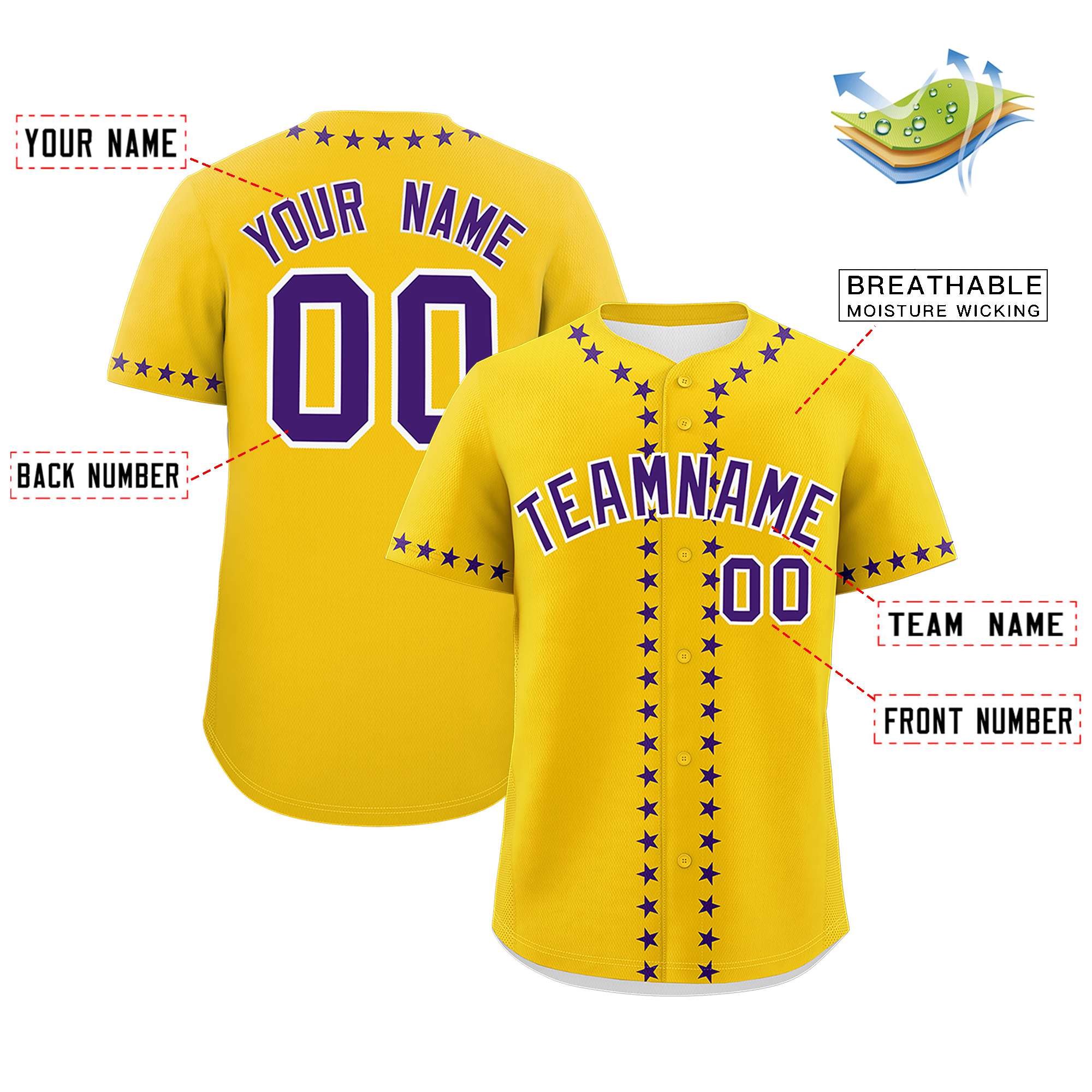 Custom Gold Purple Star Ribbing Authentic Baseball Jersey