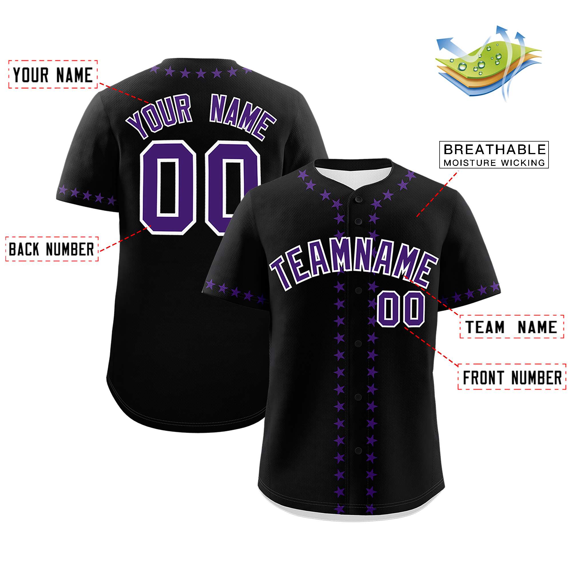 Custom Black Purple Star Ribbing Authentic Baseball Jersey