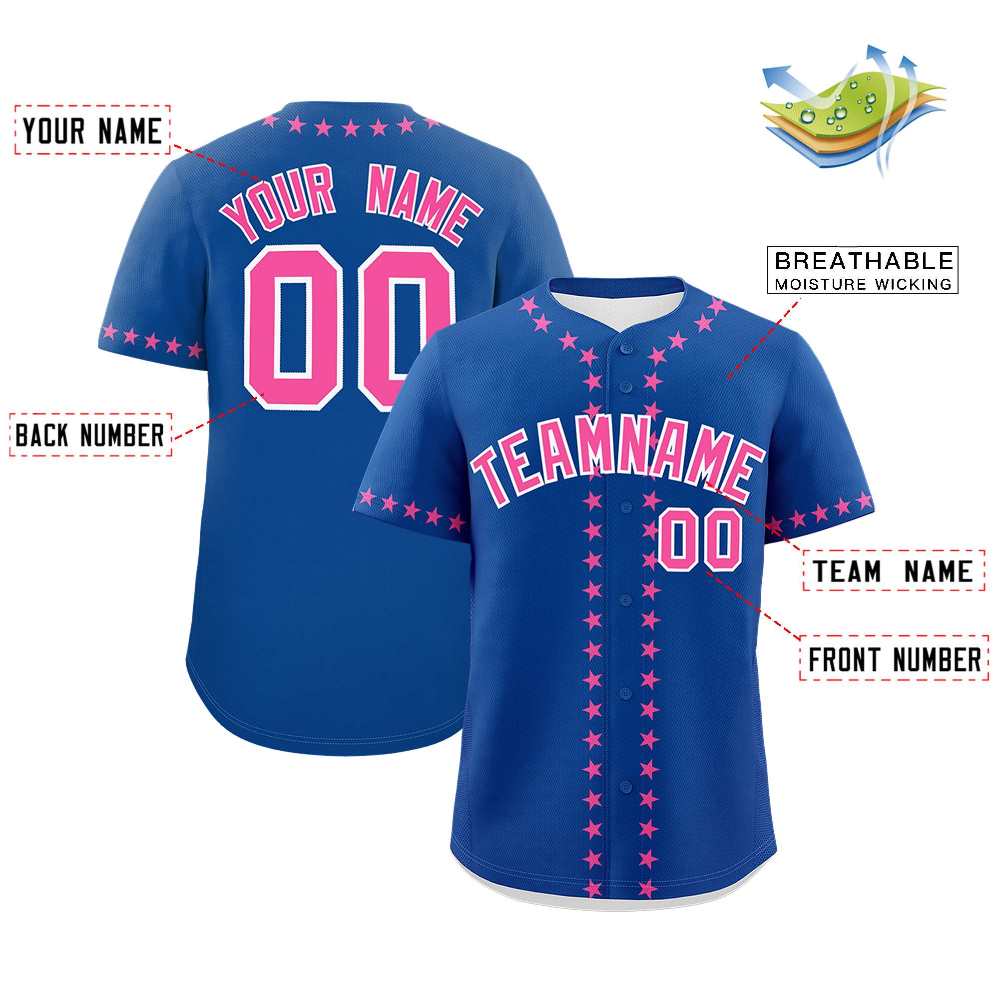 Custom Royal Pink Star Ribbing Authentic Baseball Jersey