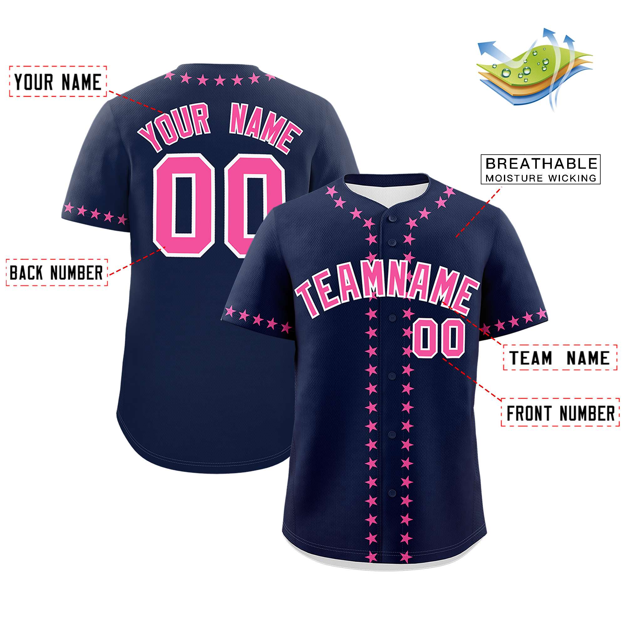 Custom Navy Pink Star Ribbing Authentic Baseball Jersey