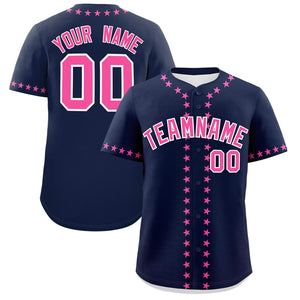 Custom Navy Pink Star Ribbing Authentic Baseball Jersey