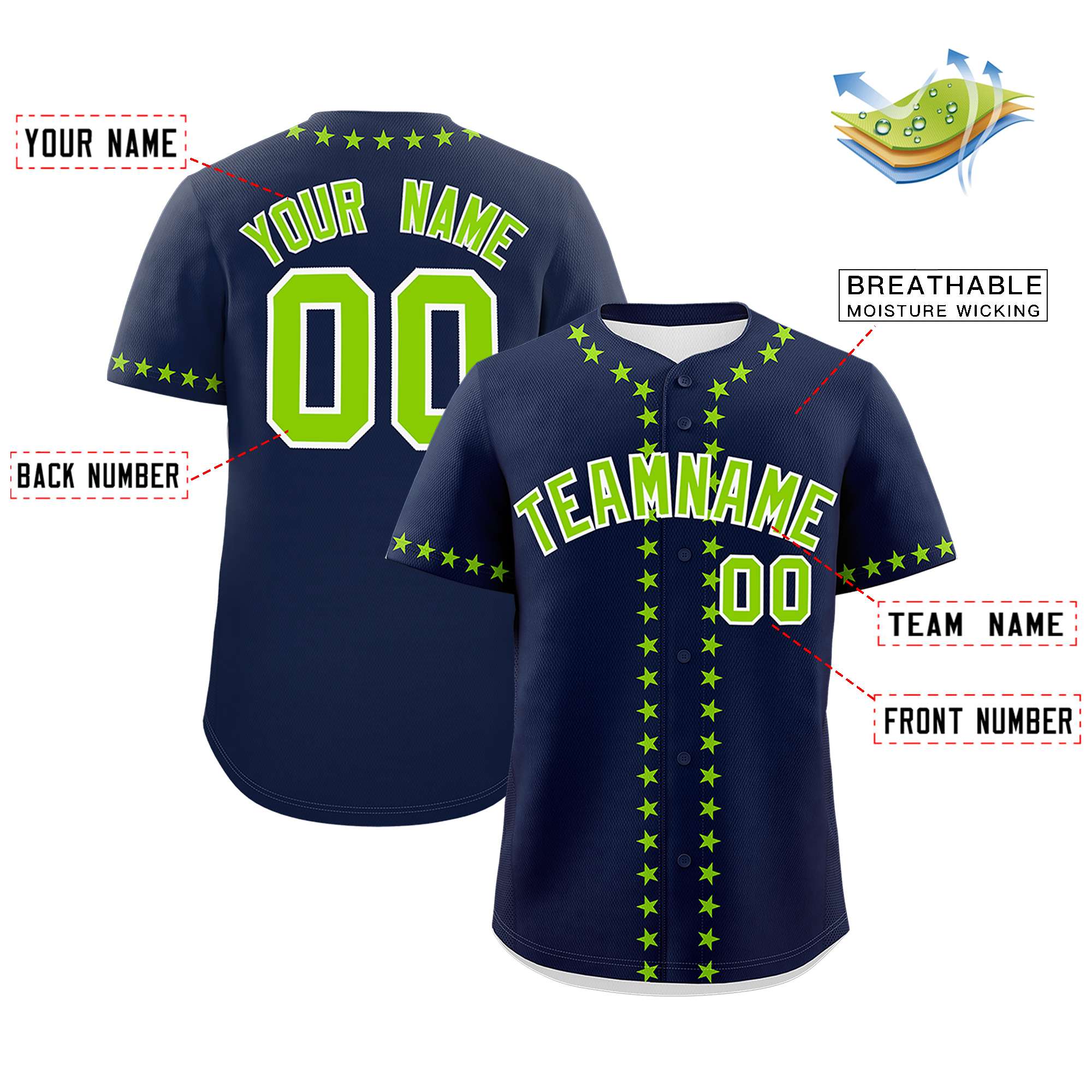 Custom Navy Neon Green Star Ribbing Authentic Baseball Jersey