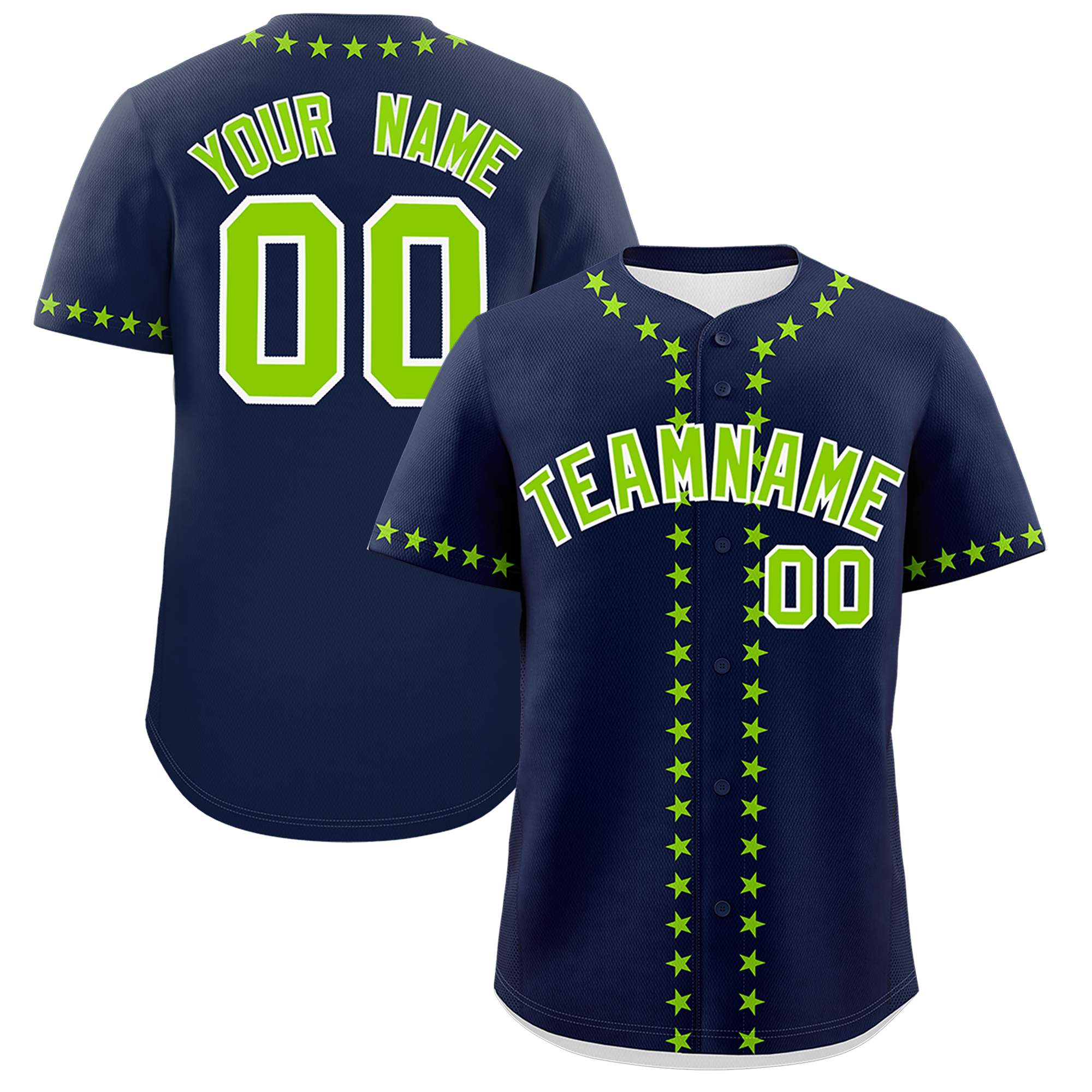 Custom Navy Neon Green Star Ribbing Authentic Baseball Jersey