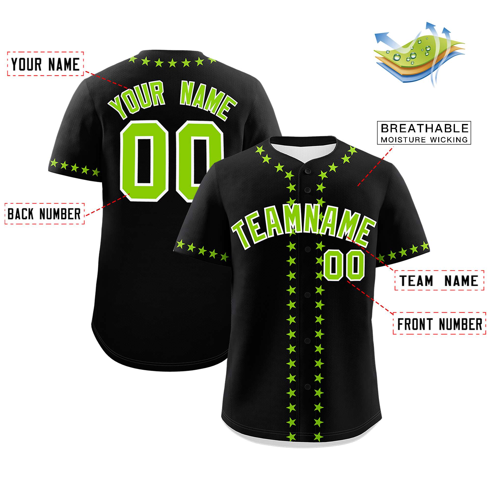 Custom Black Neon Green Star Ribbing Authentic Baseball Jersey