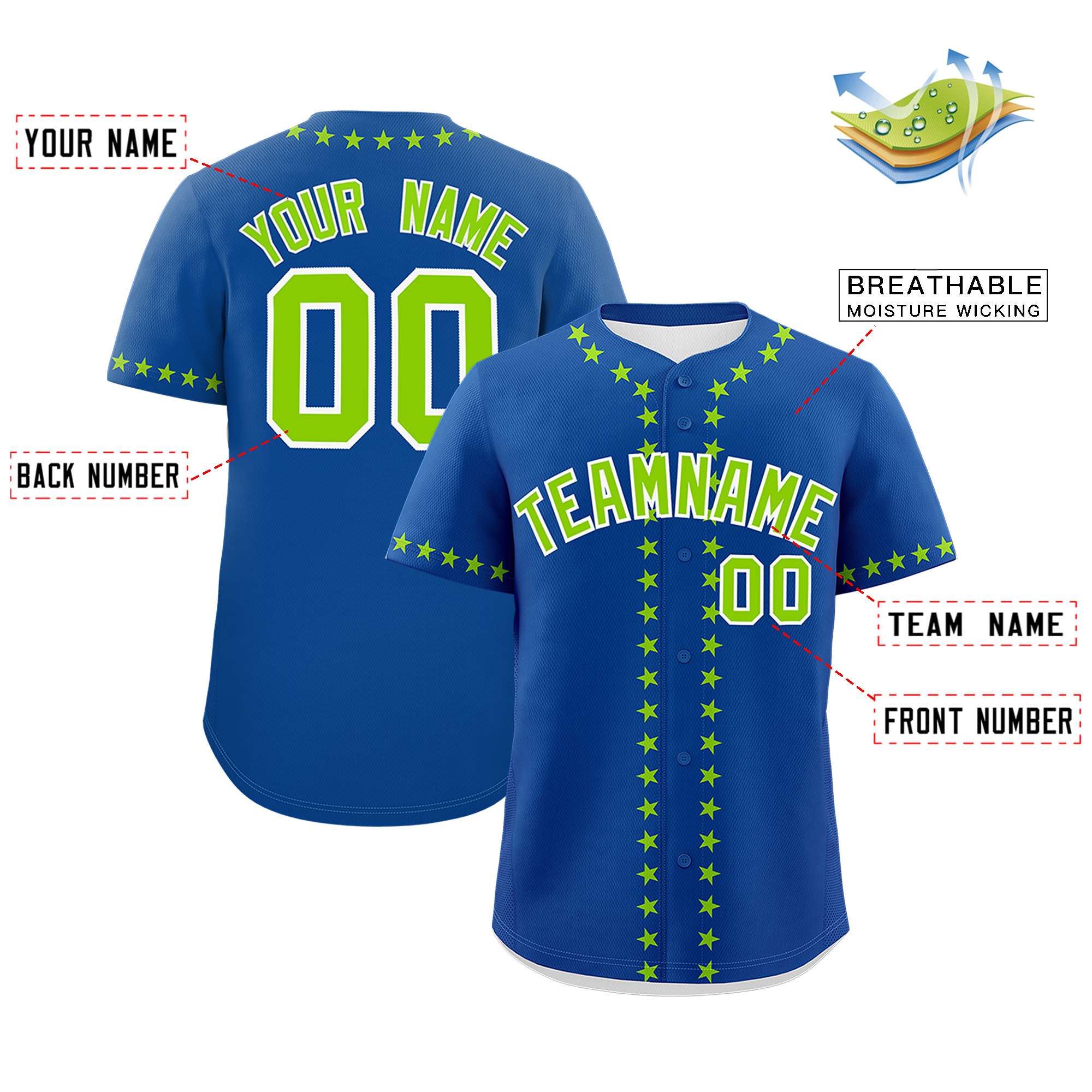 Custom Royal Neon Green Star Ribbing Authentic Baseball Jersey