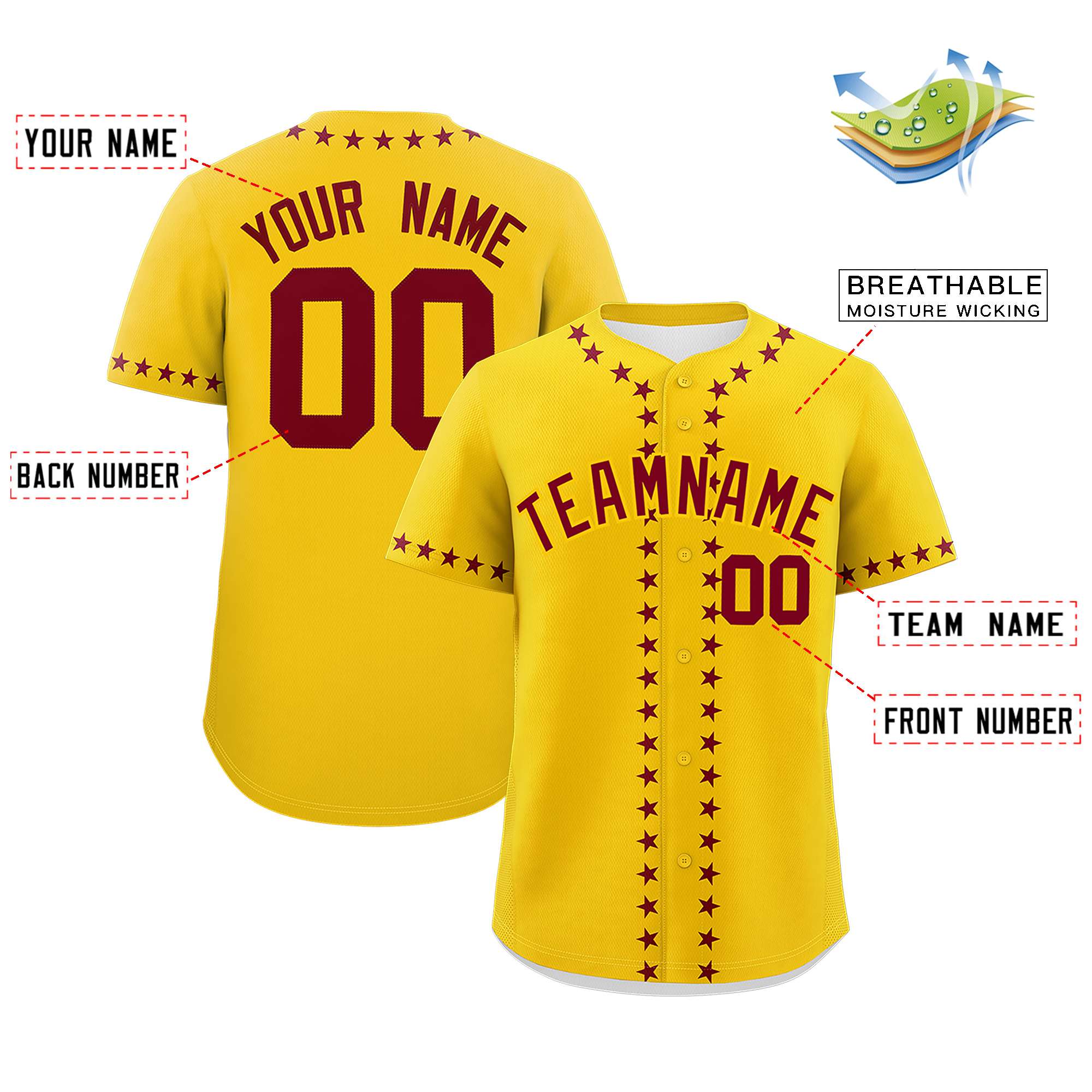 Custom Gold Crimson Star Ribbing Authentic Baseball Jersey