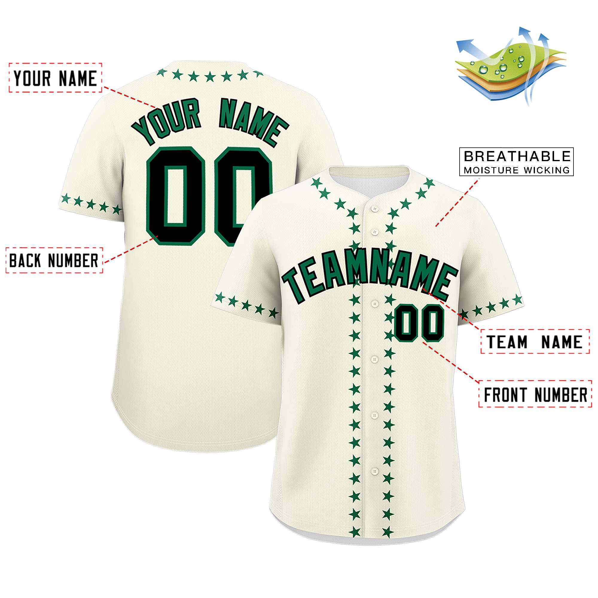 Custom Cream Kelly Green Star Ribbing Authentic Baseball Jersey