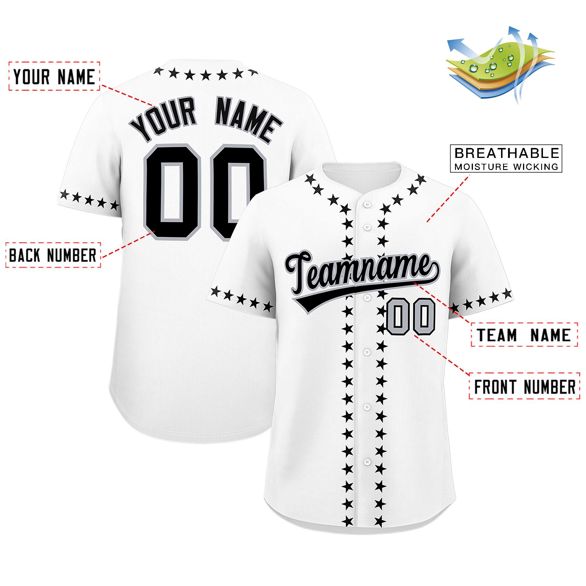 Custom White Black Star Ribbing Authentic Baseball Jersey