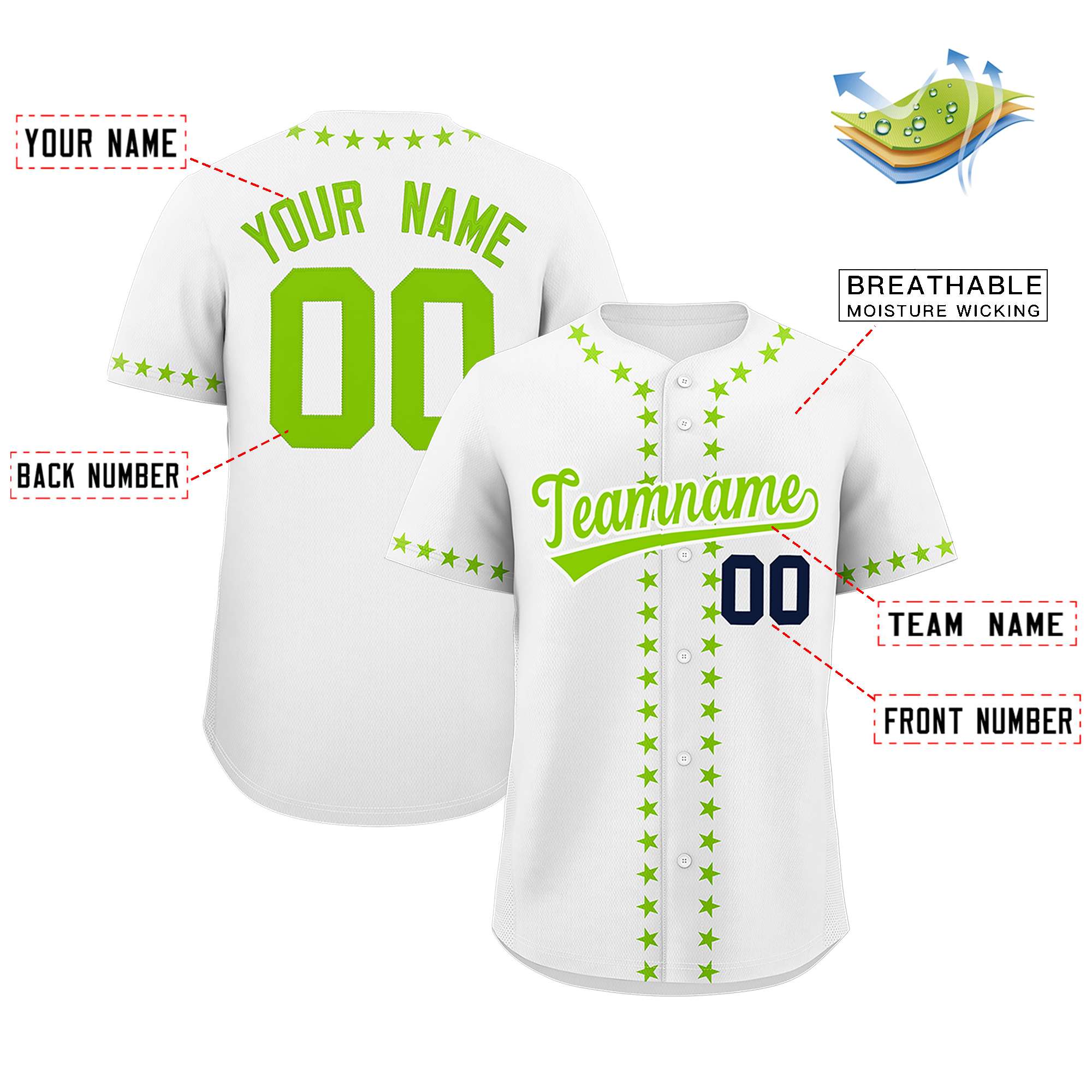 Custom White Neon Green Star Ribbing Authentic Baseball Jersey