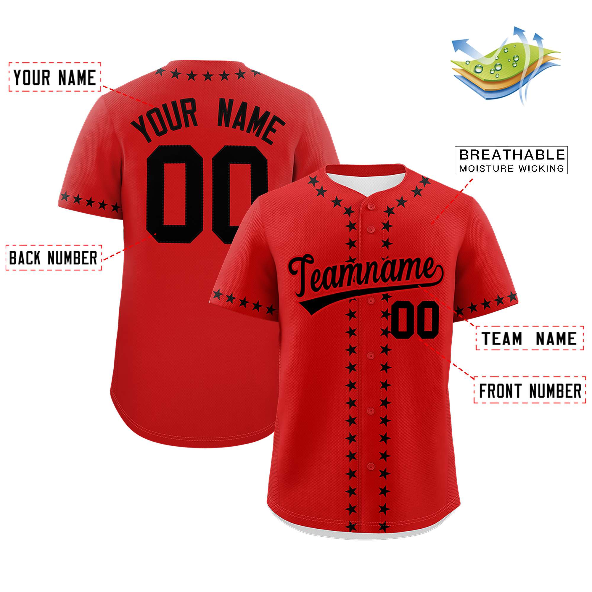 Custom Red Black Star Ribbing Authentic Baseball Jersey