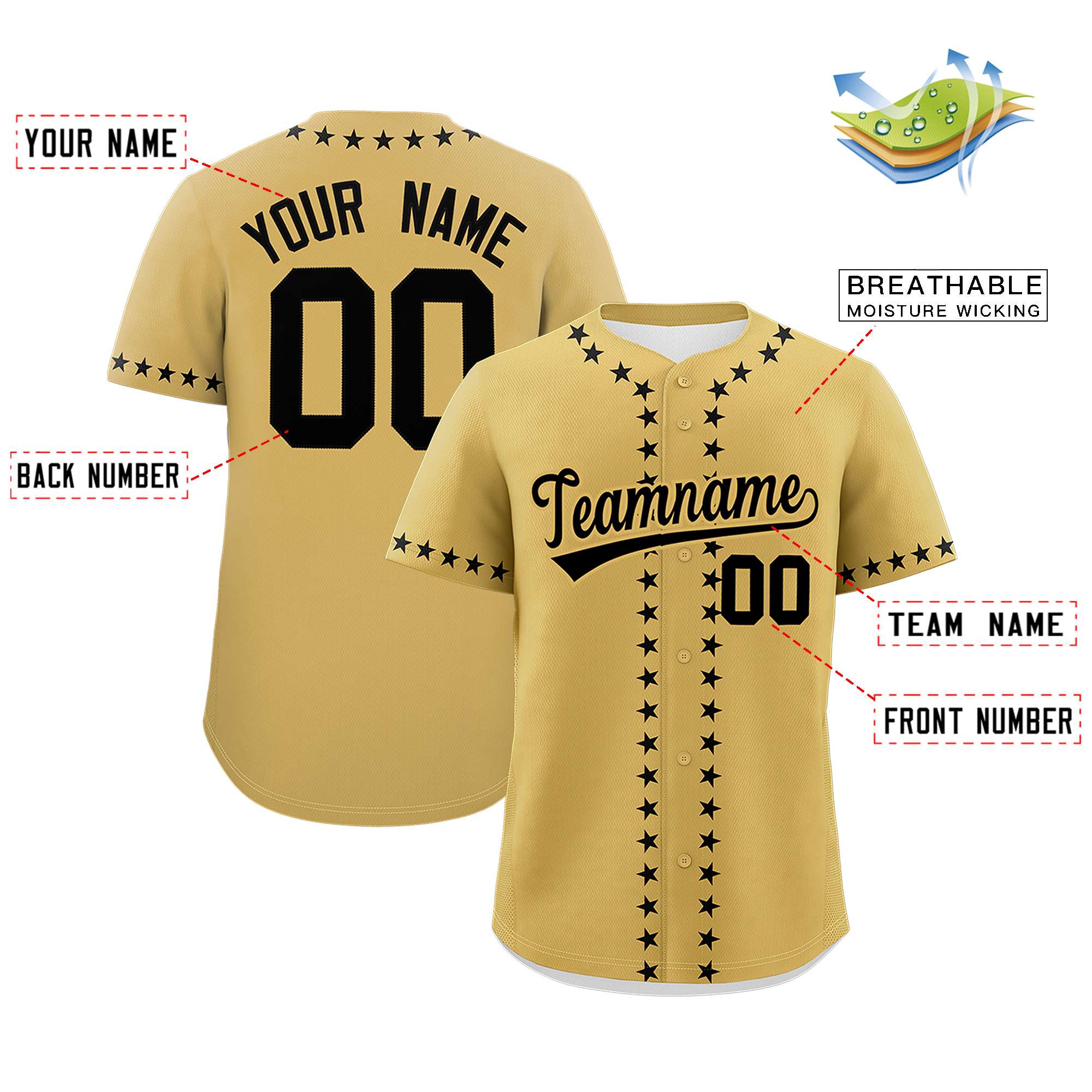 Custom Old Gold Black Star Ribbing Authentic Baseball Jersey