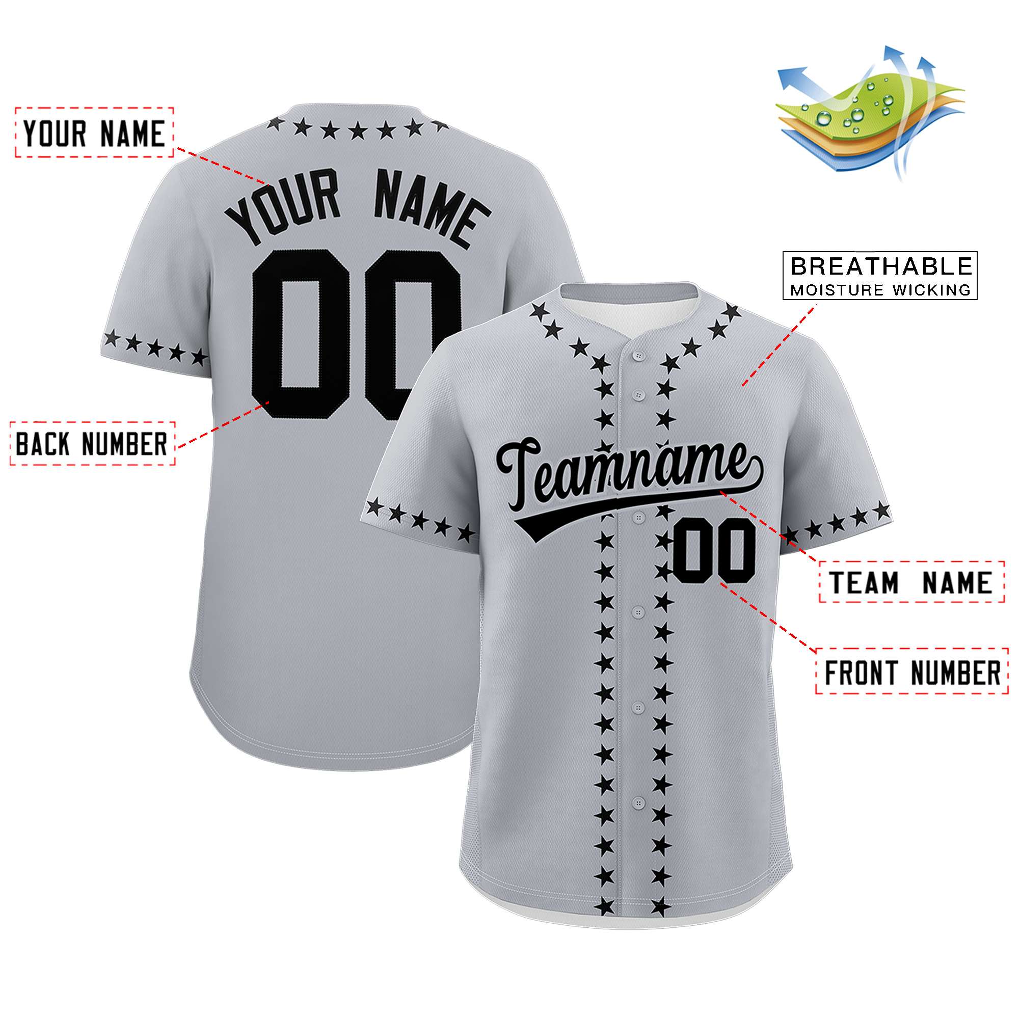 Custom Gray Black Star Ribbing Authentic Baseball Jersey