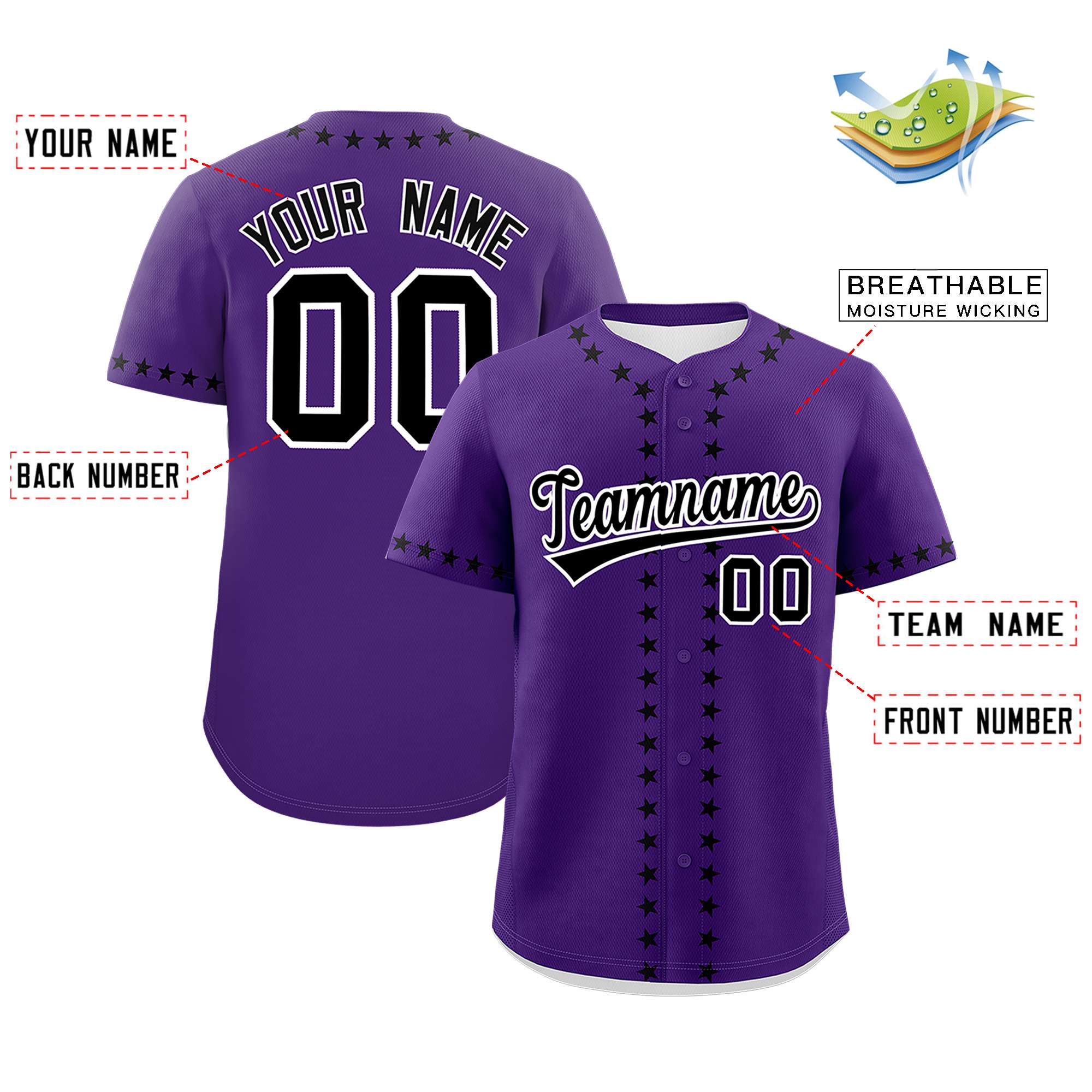 Custom Purple Black Star Ribbing Authentic Baseball Jersey