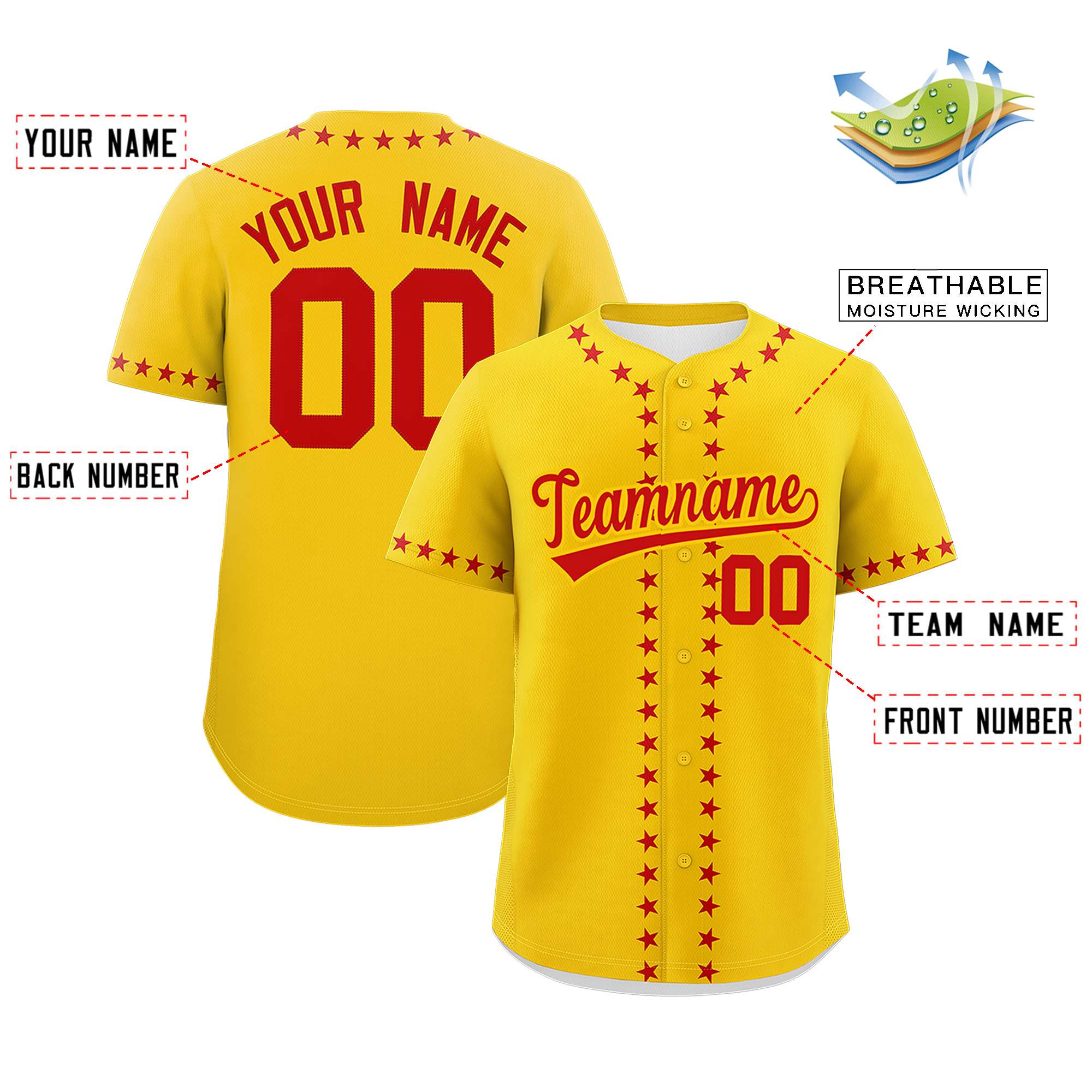 Custom Gold Red Star Ribbing Authentic Baseball Jersey