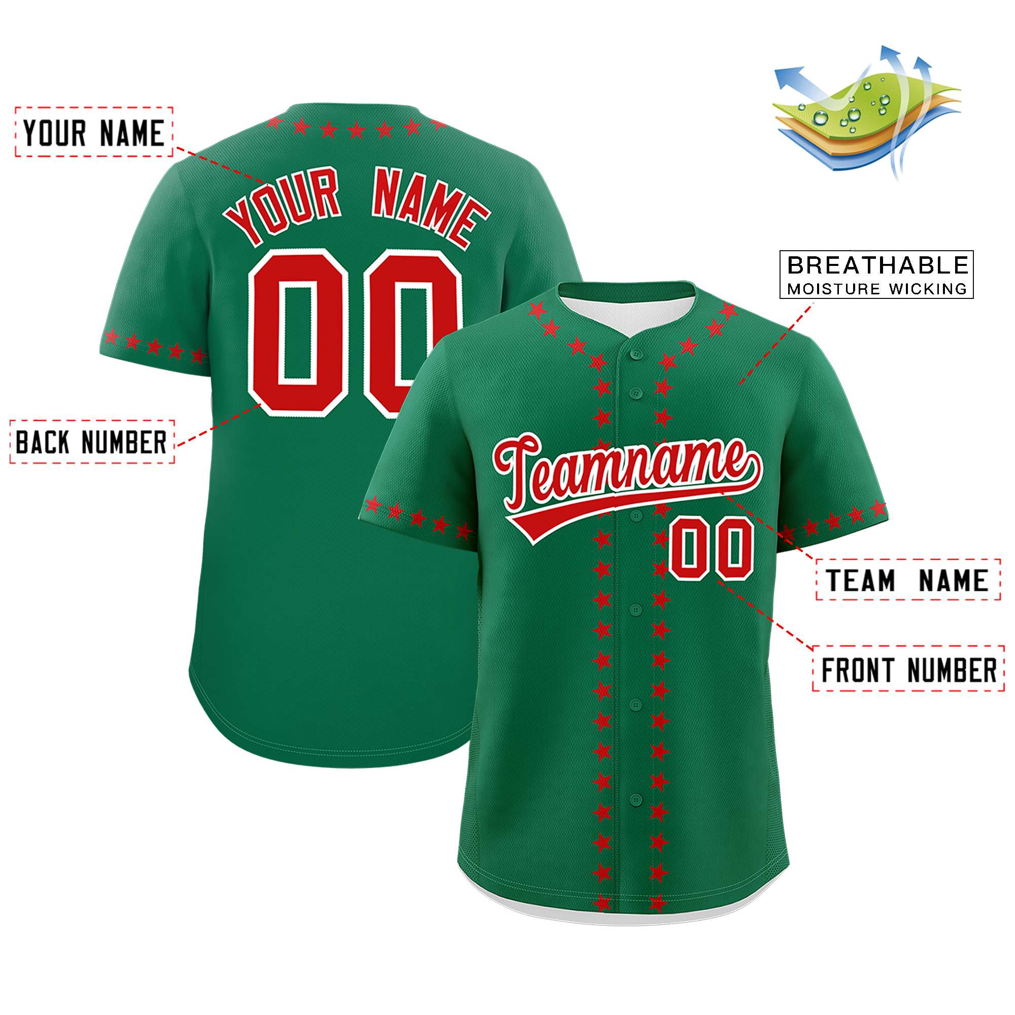 Custom Kelly Green Red Star Ribbing Authentic Baseball Jersey