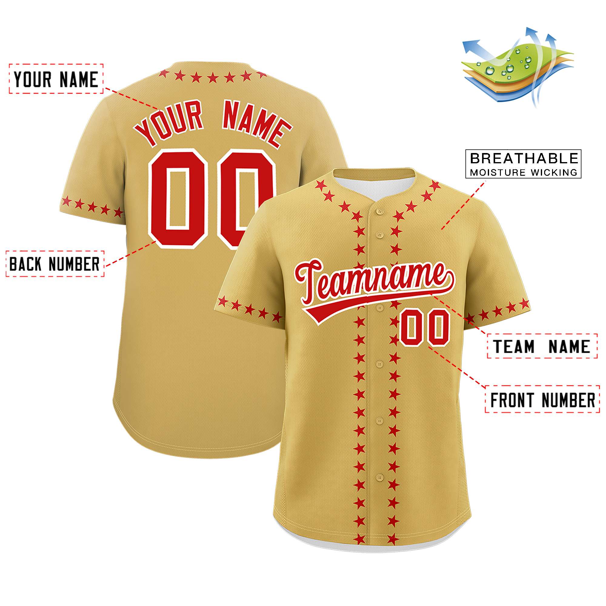 Custom Old Gold Red Star Ribbing Authentic Baseball Jersey