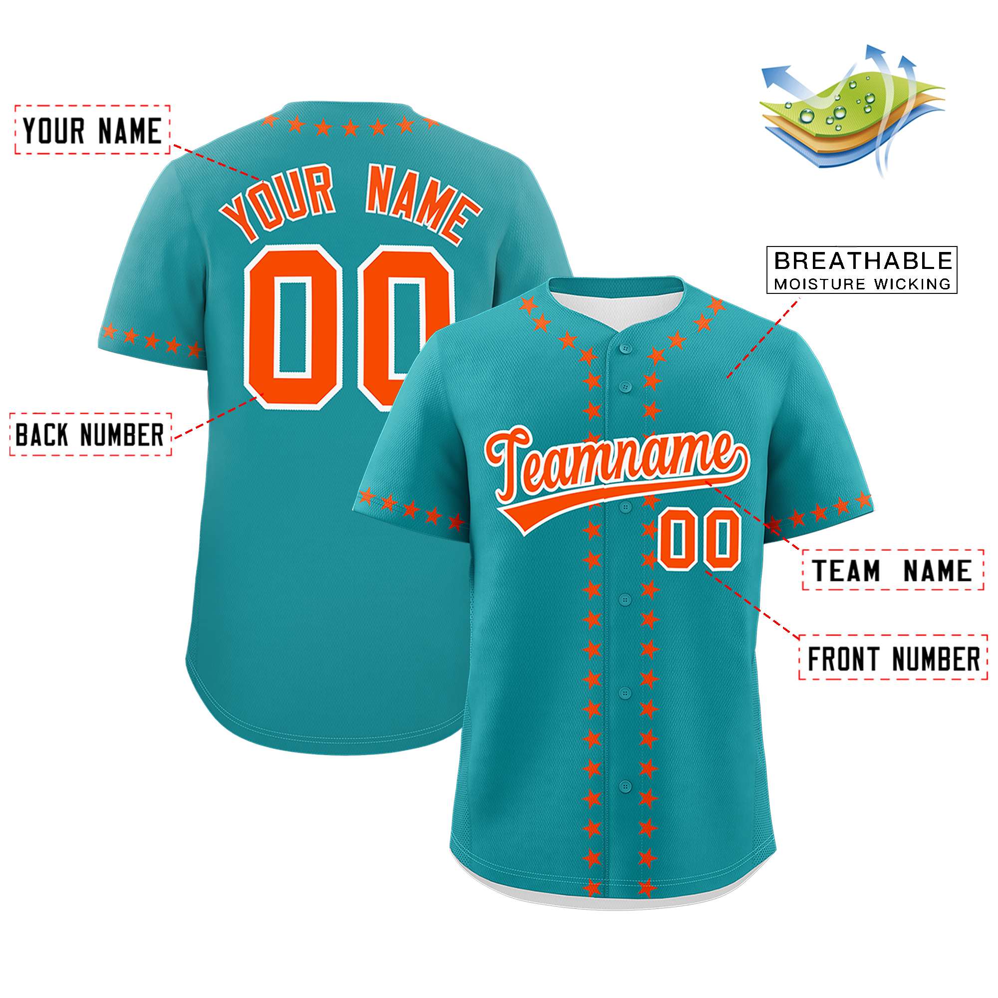 Custom Aqua Orange Star Ribbing Authentic Baseball Jersey