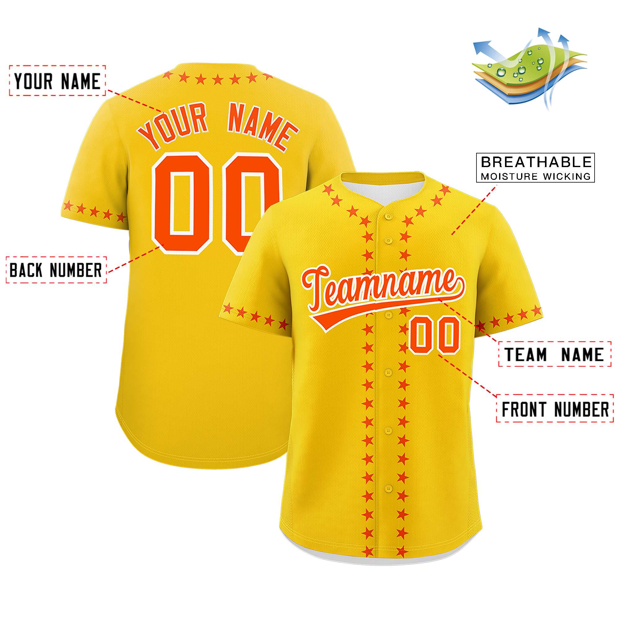 Custom Gold Orange Star Ribbing Authentic Baseball Jersey