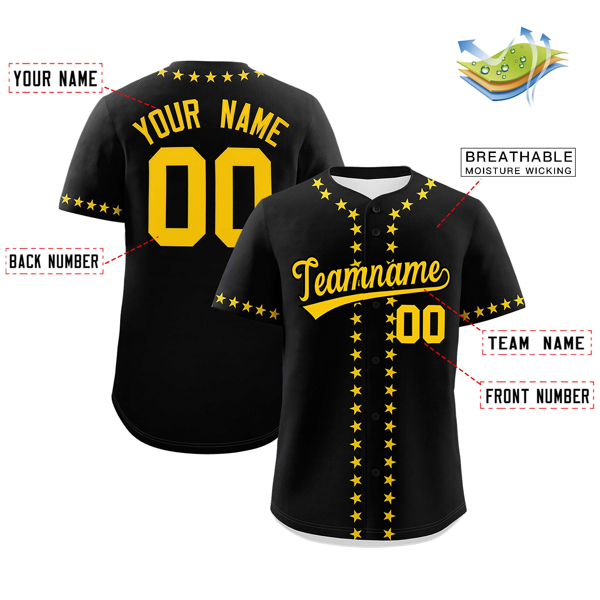 Custom Black Gold Star Ribbing Authentic Baseball Jersey