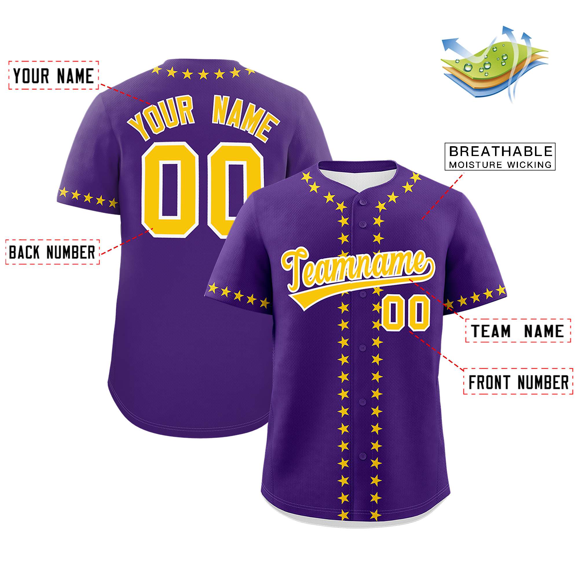 Custom Purple Gold Star Ribbing Authentic Baseball Jersey