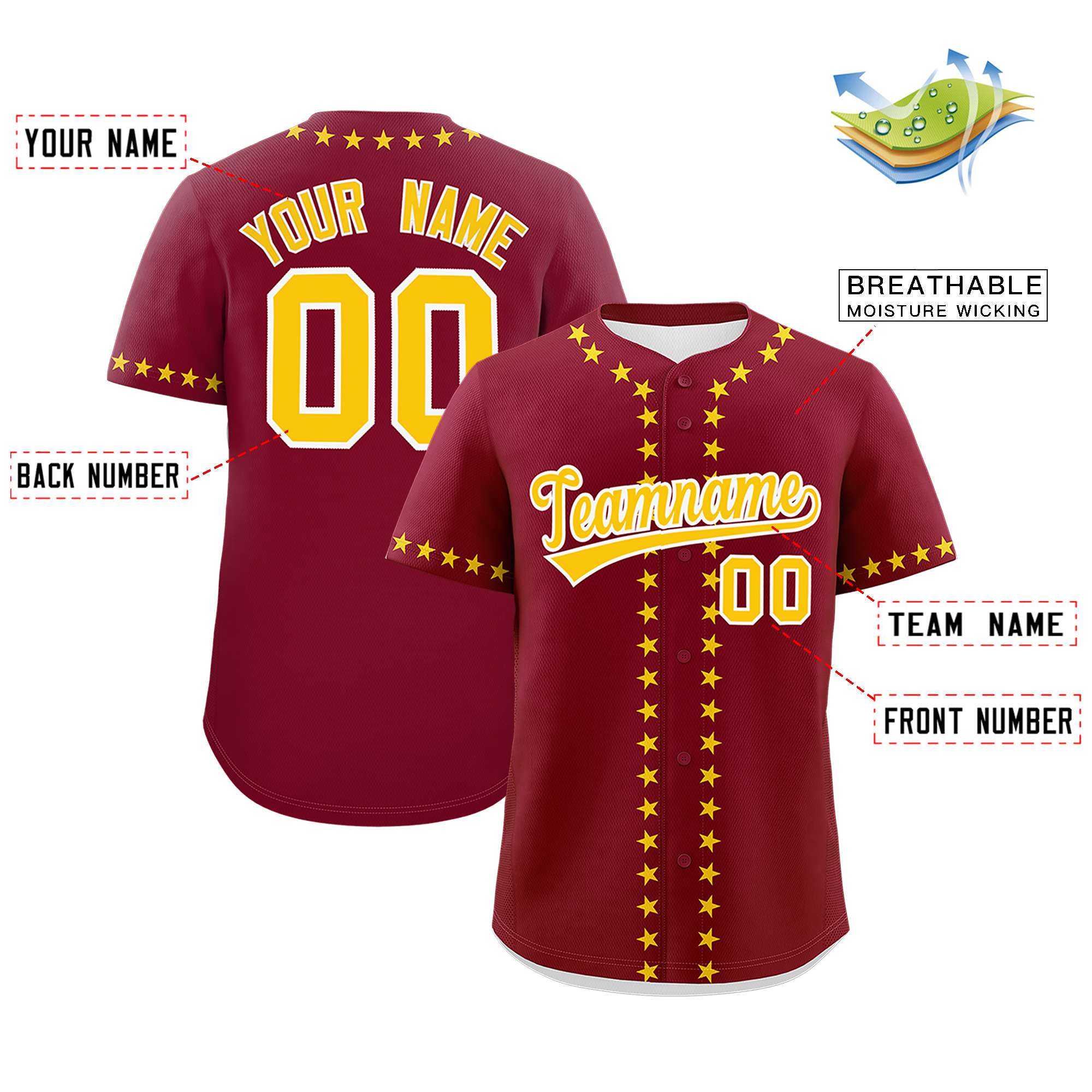 Custom Crimson Gold Star Ribbing Authentic Baseball Jersey