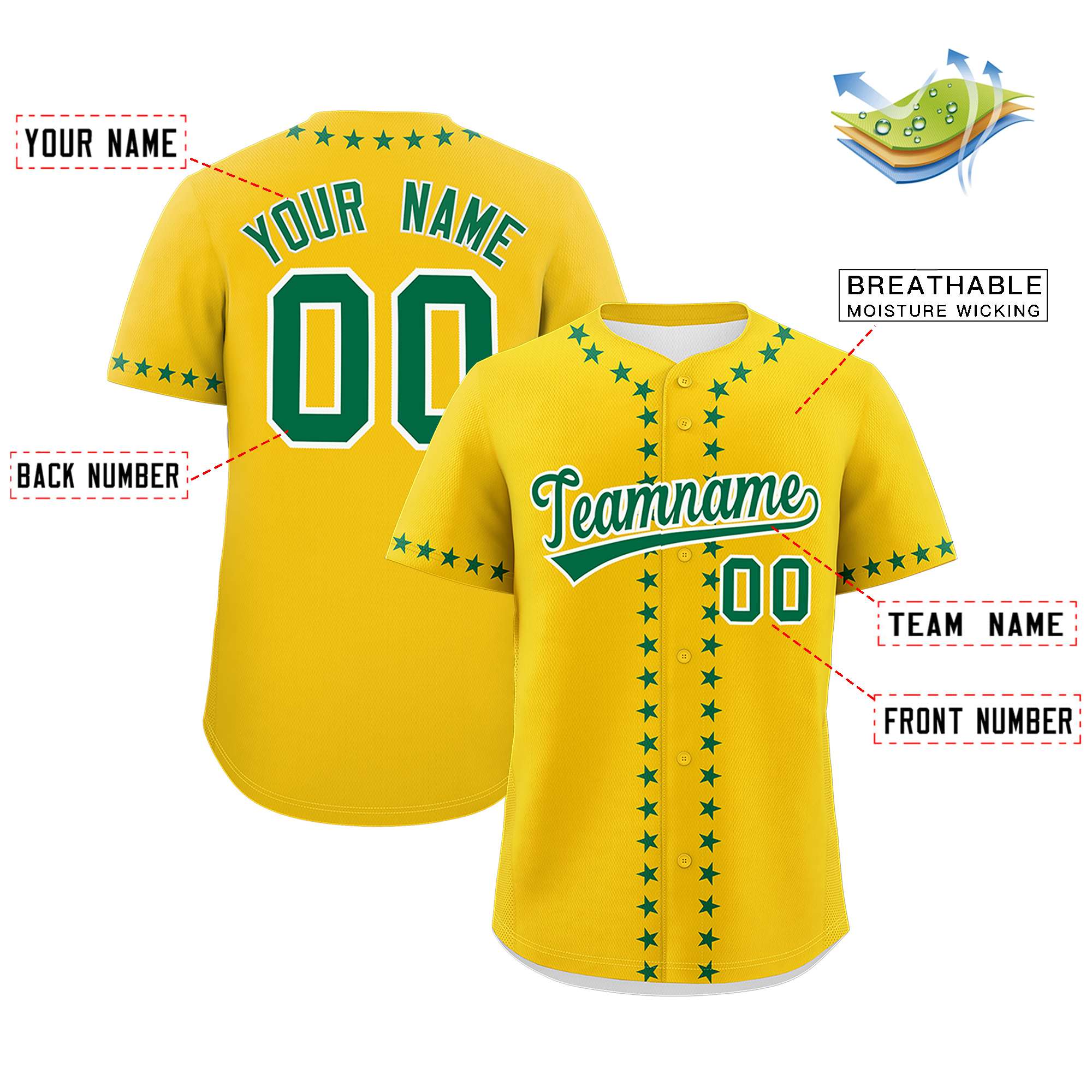 Custom Gold Kelly Green Star Ribbing Authentic Baseball Jersey