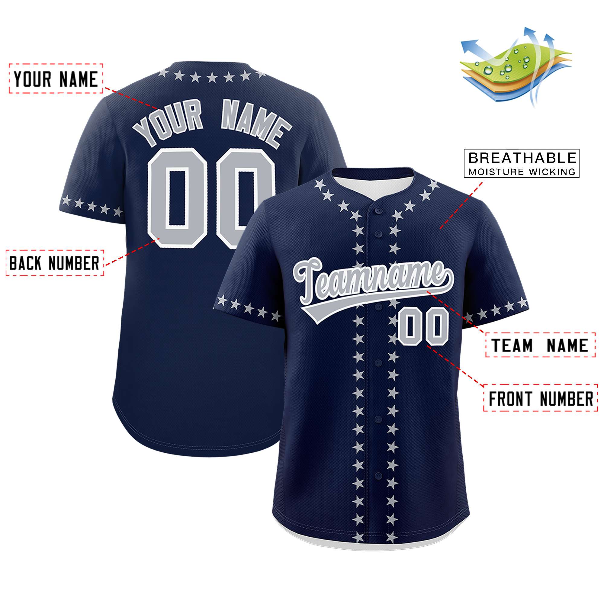 Custom Navy Gray Star Ribbing Authentic Baseball Jersey