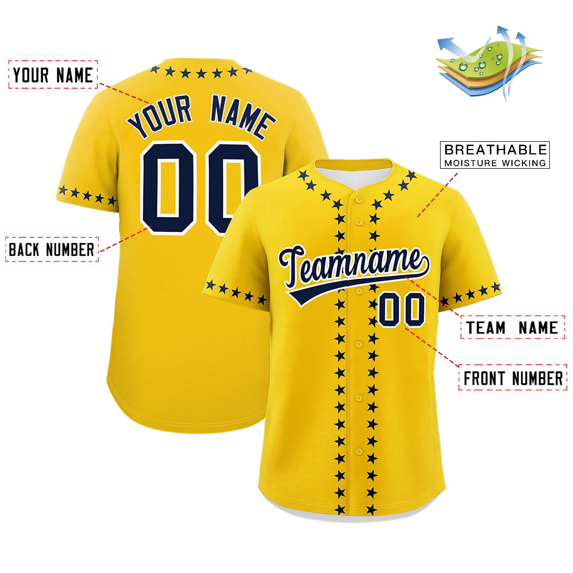 Custom Gold Navy Star Ribbing Authentic Baseball Jersey