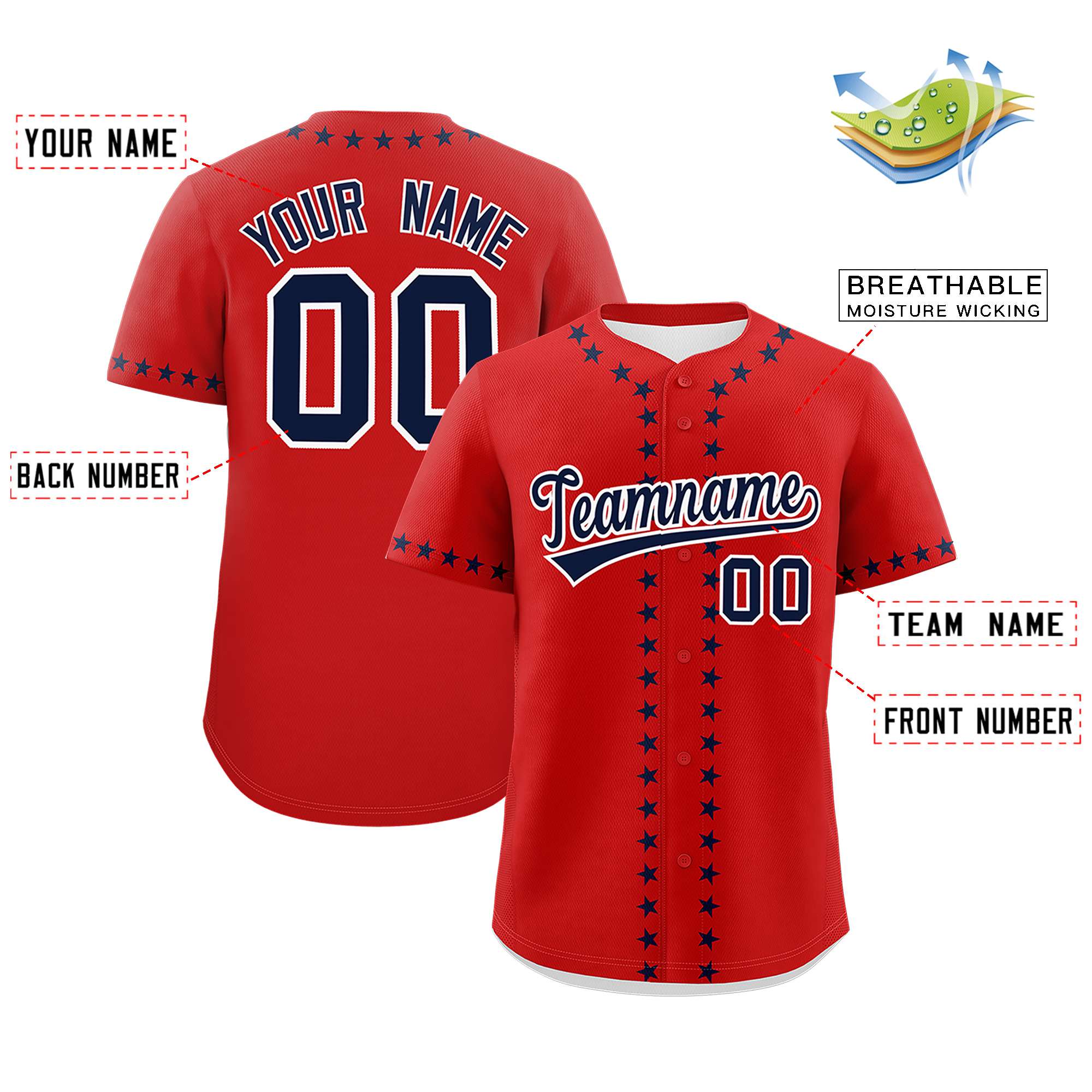 Custom Red Navy Star Ribbing Authentic Baseball Jersey