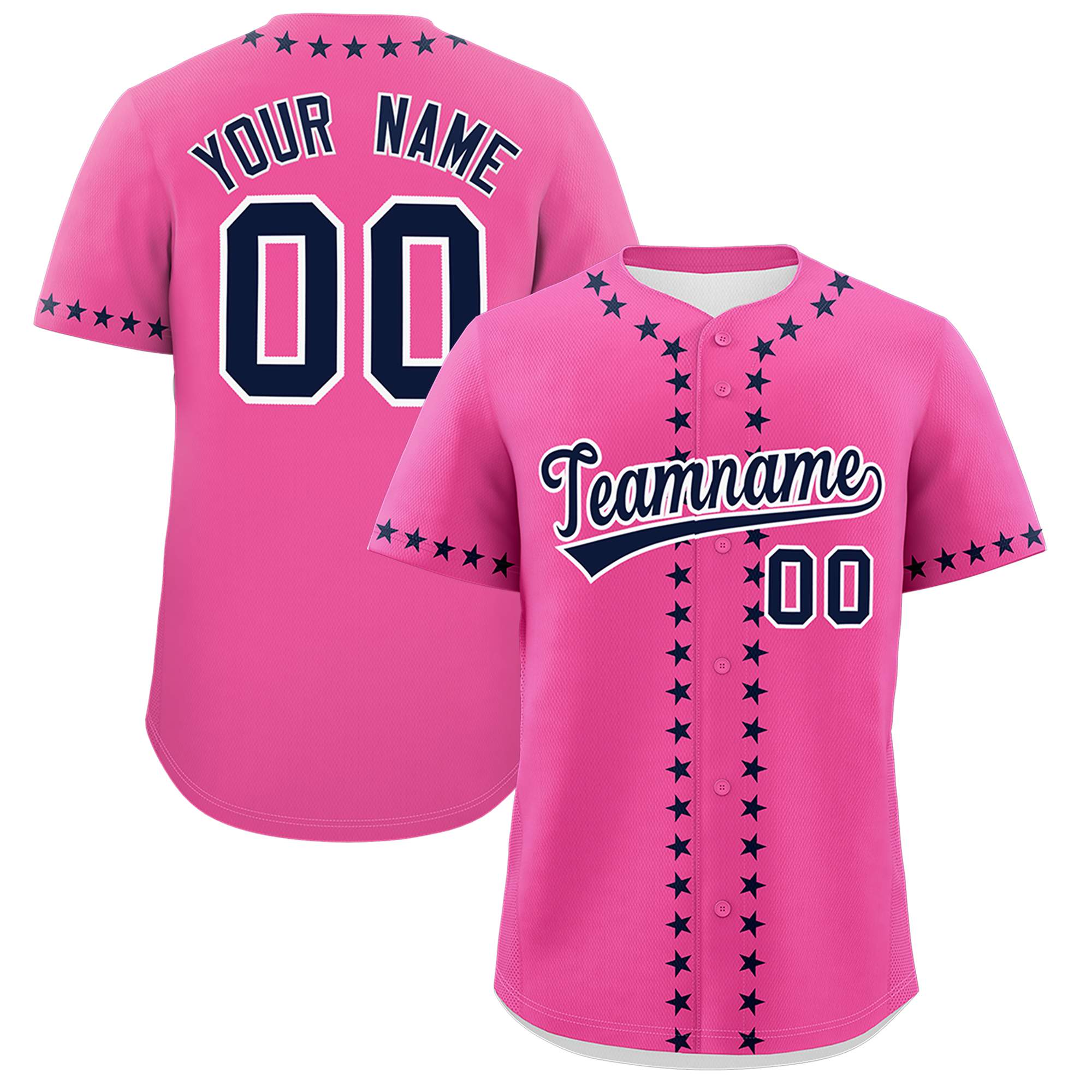 Custom Pink Navy Star Ribbing Authentic Baseball Jersey