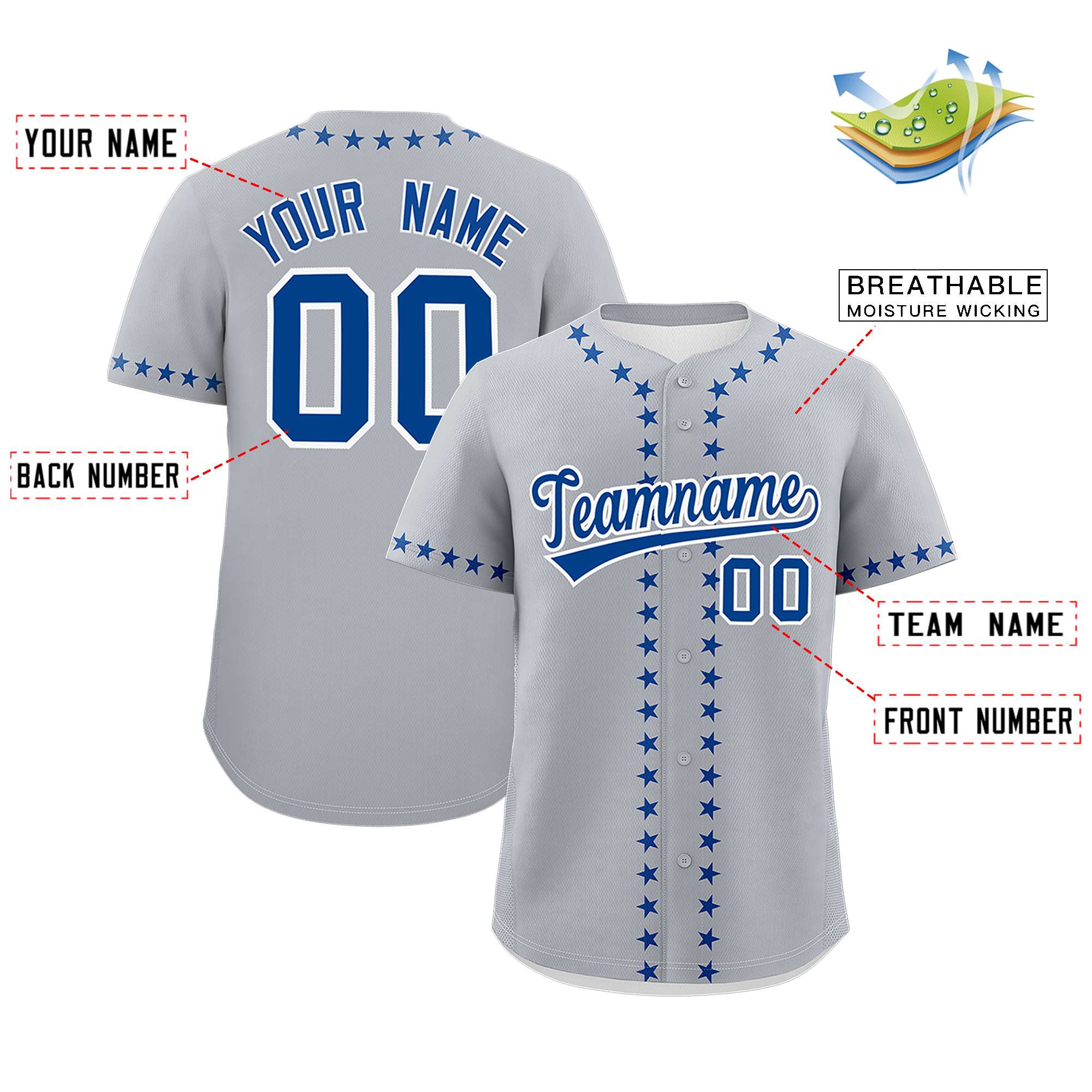 Custom Gray Royal Star Ribbing Authentic Baseball Jersey