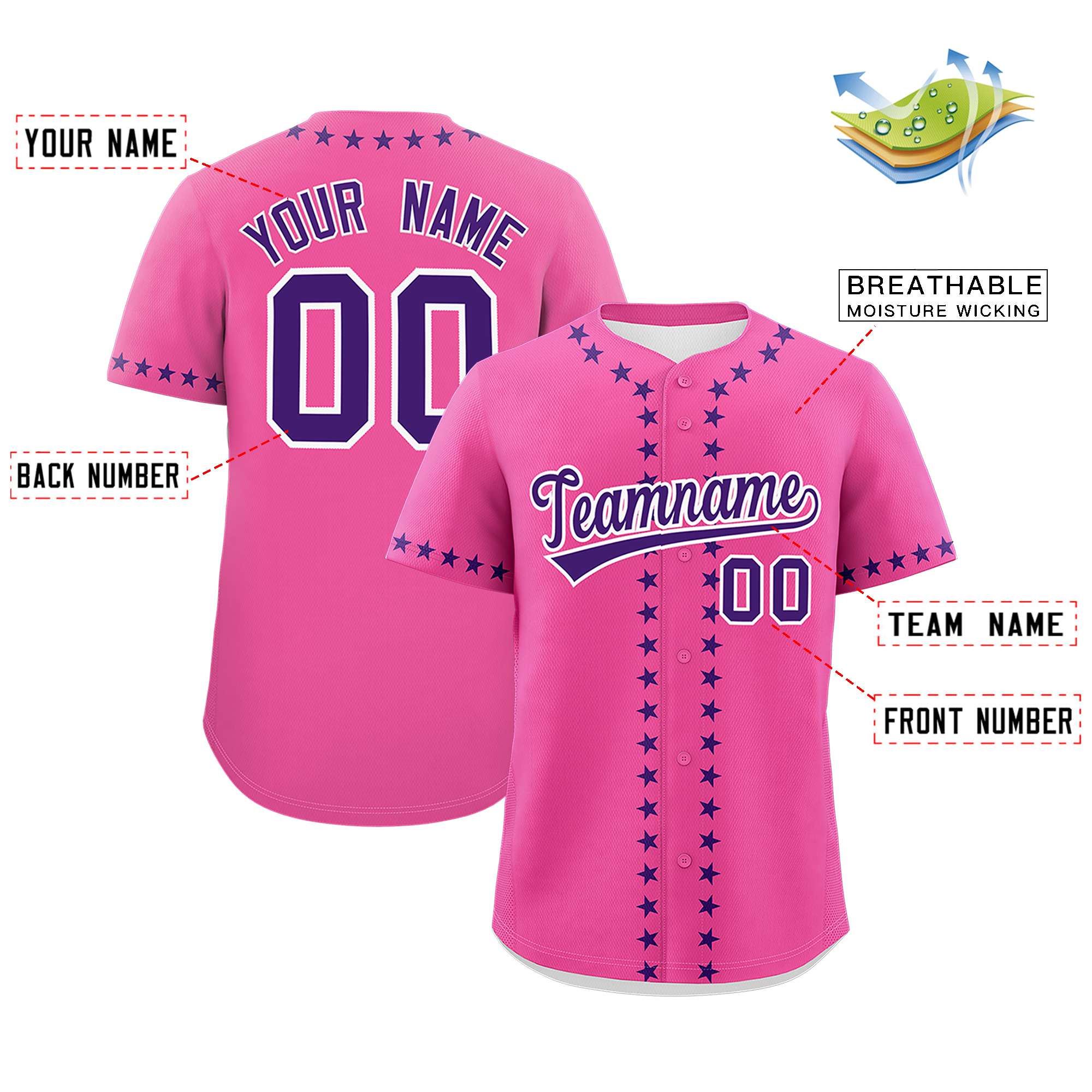 Custom Pink Purple Star Ribbing Authentic Baseball Jersey