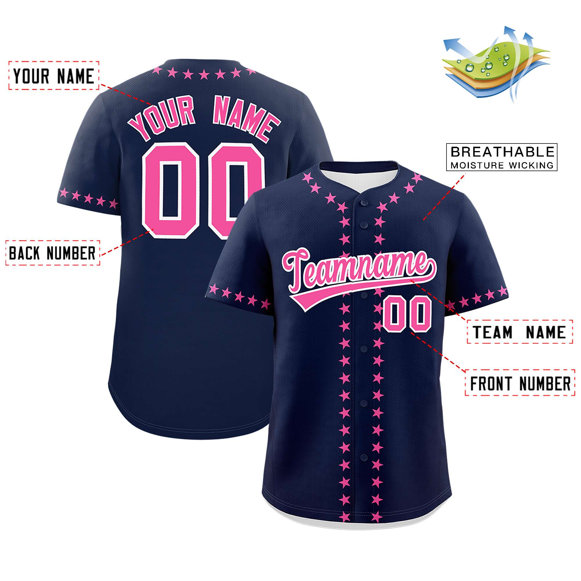 Custom Navy Pink Star Ribbing Authentic Baseball Jersey