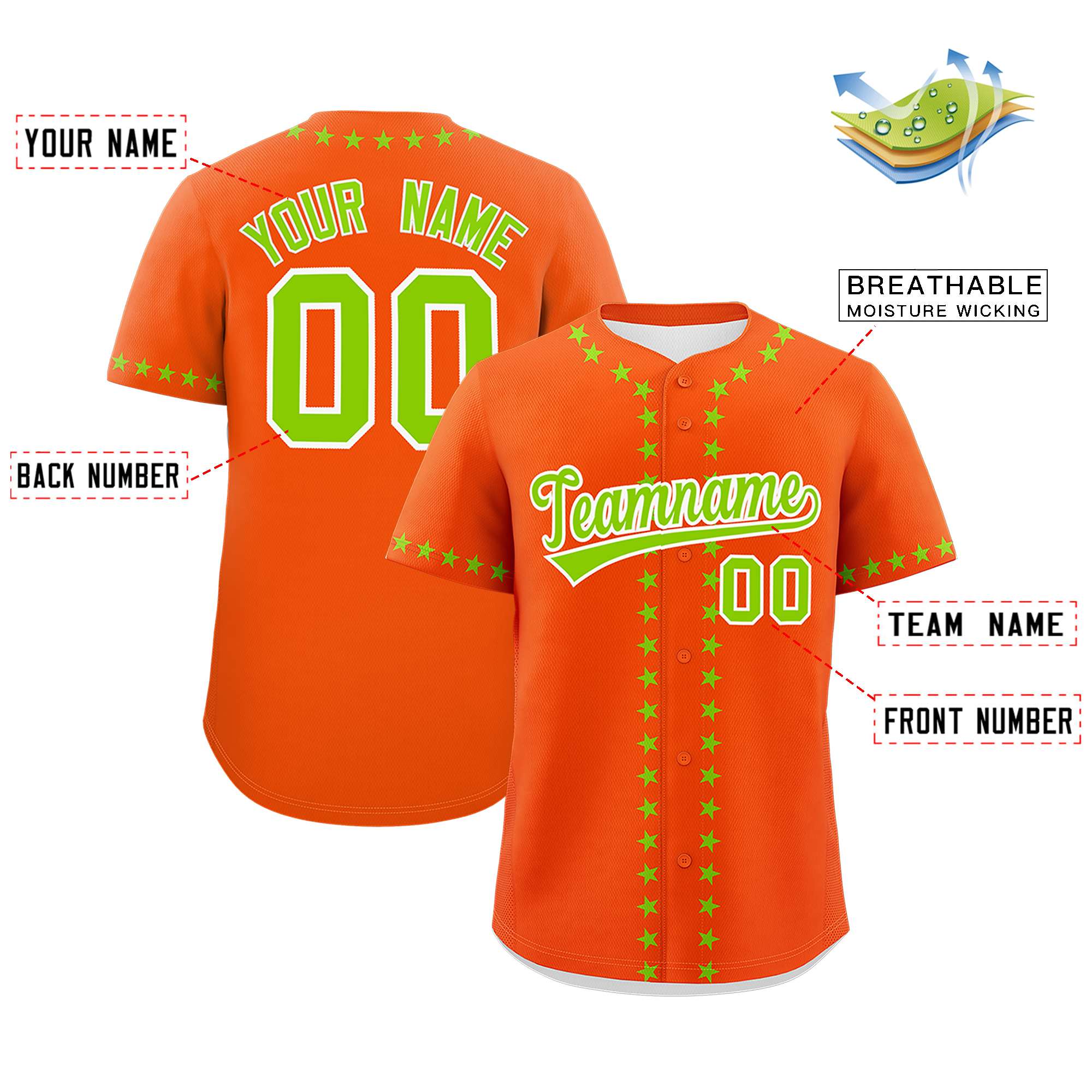 Custom Orange Neon Green Star Ribbing Authentic Baseball Jersey