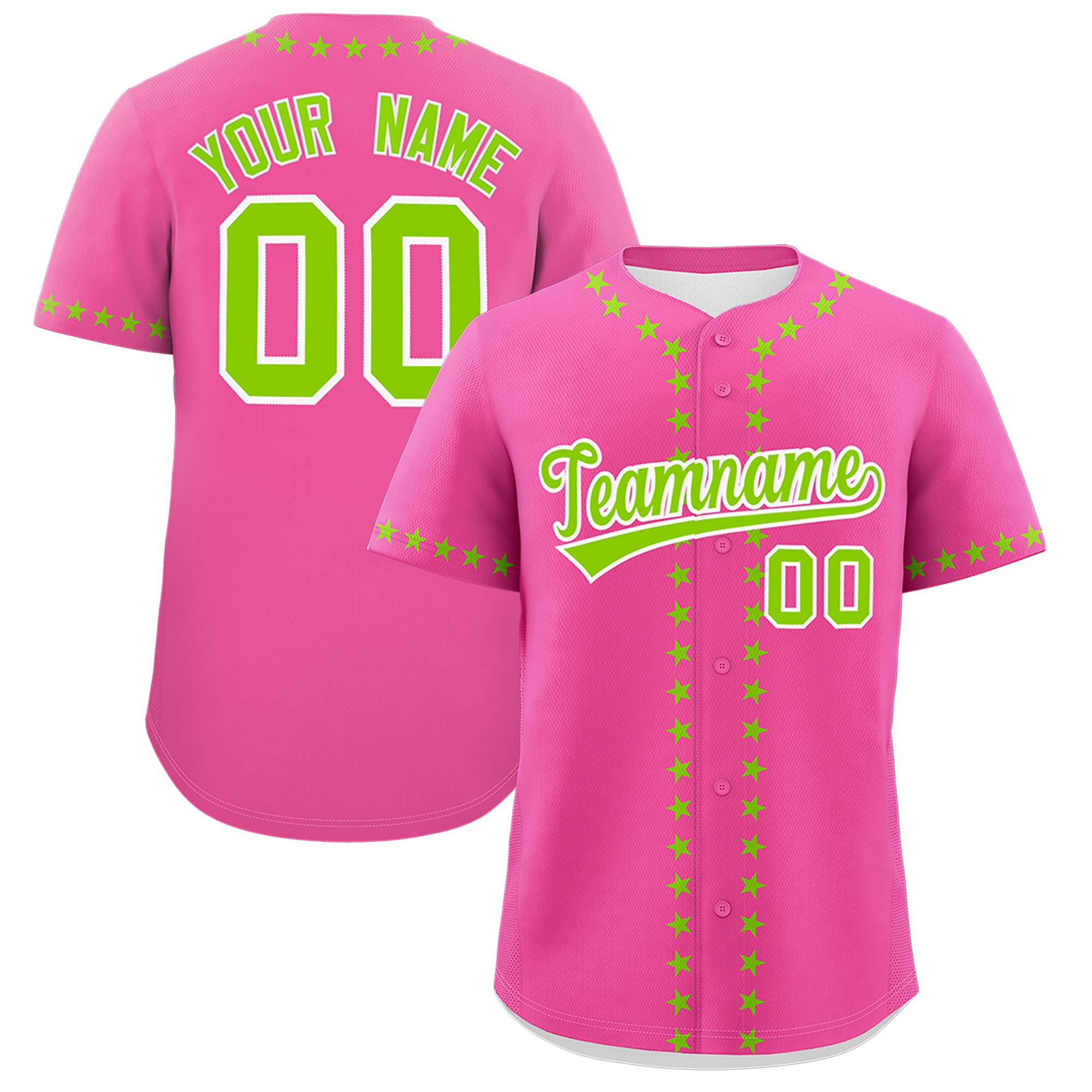 Custom Pink Neon Green Star Ribbing Authentic Baseball Jersey